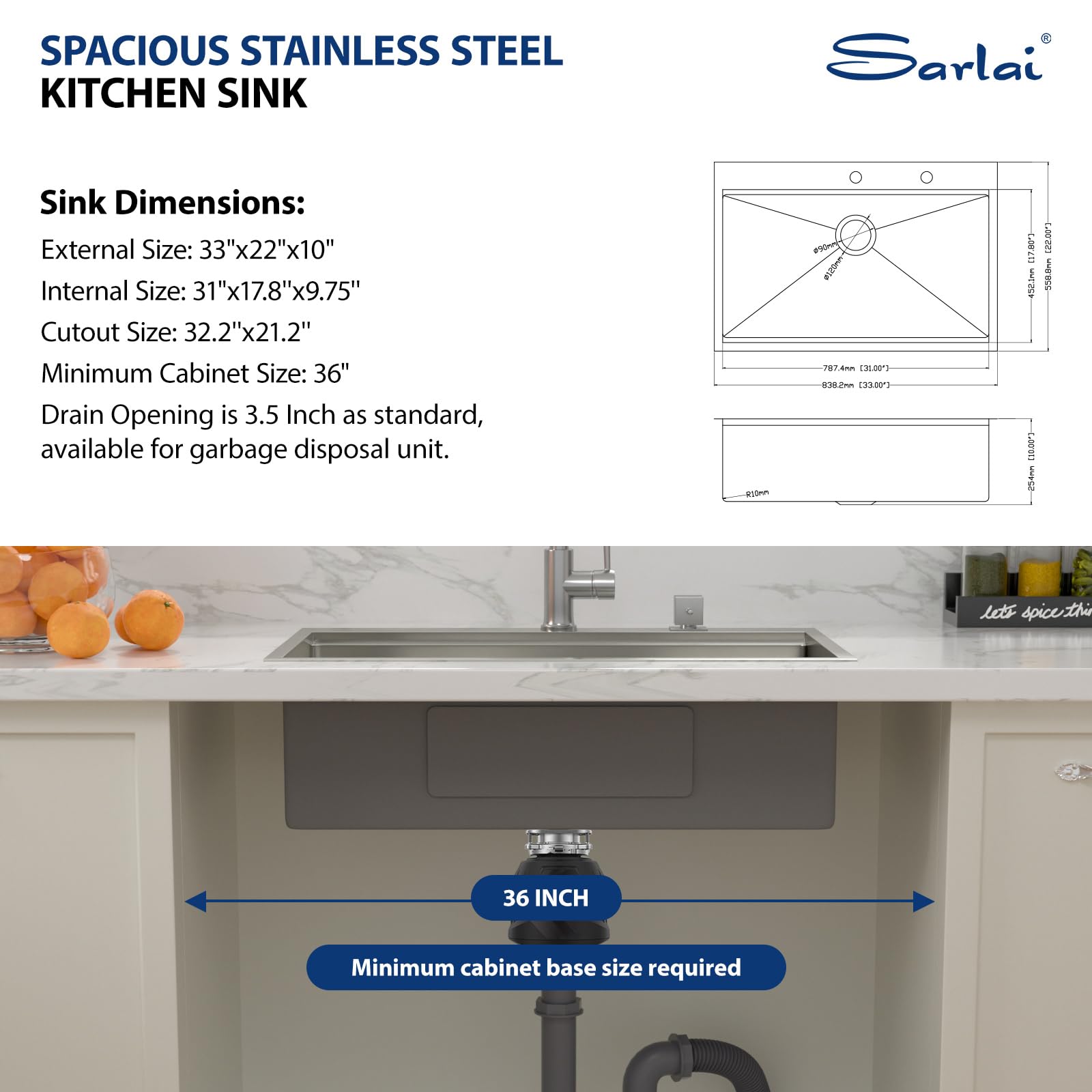 Sarlai 33x22 Inch Drop-In Kitchen Sink - 16 Gauge Stainless Steel Single Bowl Topmount Sink with Ledge Workstation, Deep Basin & Rounded Corners - Perfect for Modern Kitchens, Food Prep & Dishwashing