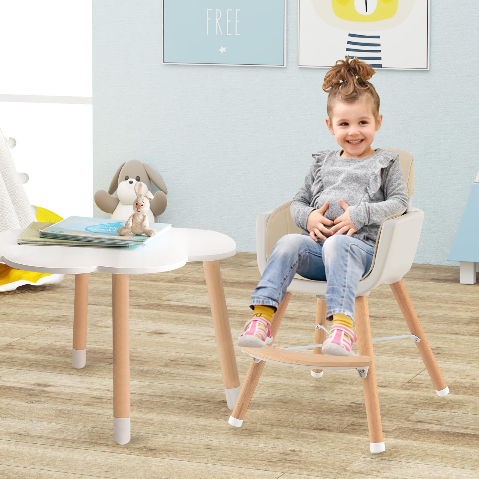 BABY JOY 3-in-1 Convertible Wooden High Chair - Adjustable Baby Highchair with Removable Tray, 5-Point Safety Harness, PU Cushion & Footrest - Infant to Toddler Booster Seat (Beige) - Perfect for Dining, Feeding & Playtime at Home