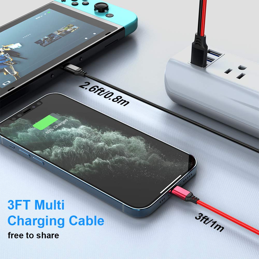 2-in-1 Multi Charger Cable 3Ft Nylon Braided Fast Charging Cable with Type C & Lightning Connector - Compatible with iPhone 15/14/13, Samsung Galaxy S8/S9/S10, LG, Pixel, Huawei & Android Tablets - Perfect for Home, Office & Travel Charging