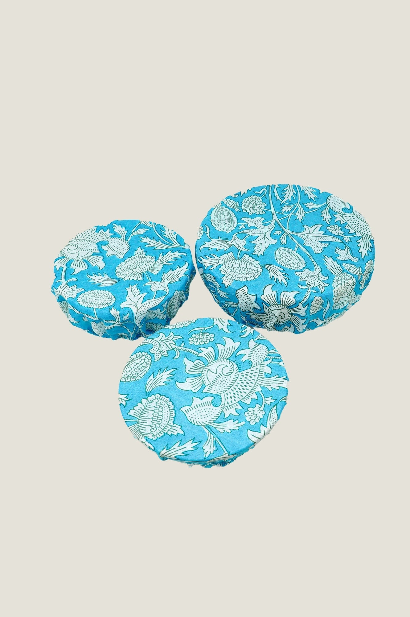 Set of 3 Block Print Bowl Covers - Tea Rose Blue Cotton Fabric Food Covers for Kitchen, Dining, and Picnic Use