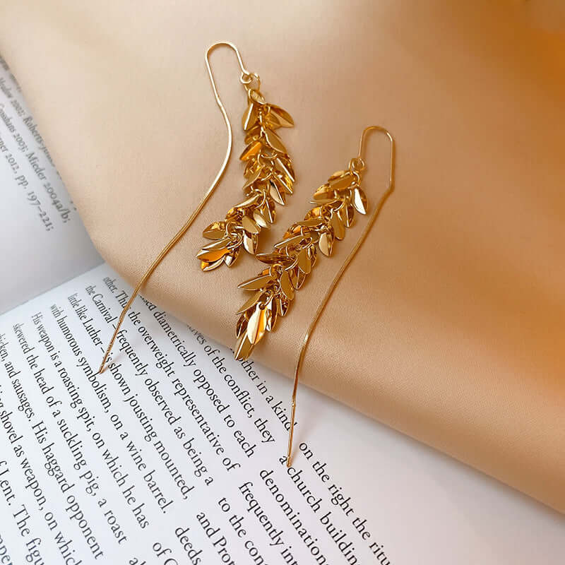 Vintage Gold Leaf Chain Threader Earrings - Dainty Boho Jewelry for Women | A7778 | Perfect for Parties, Weddings & Everyday Wear