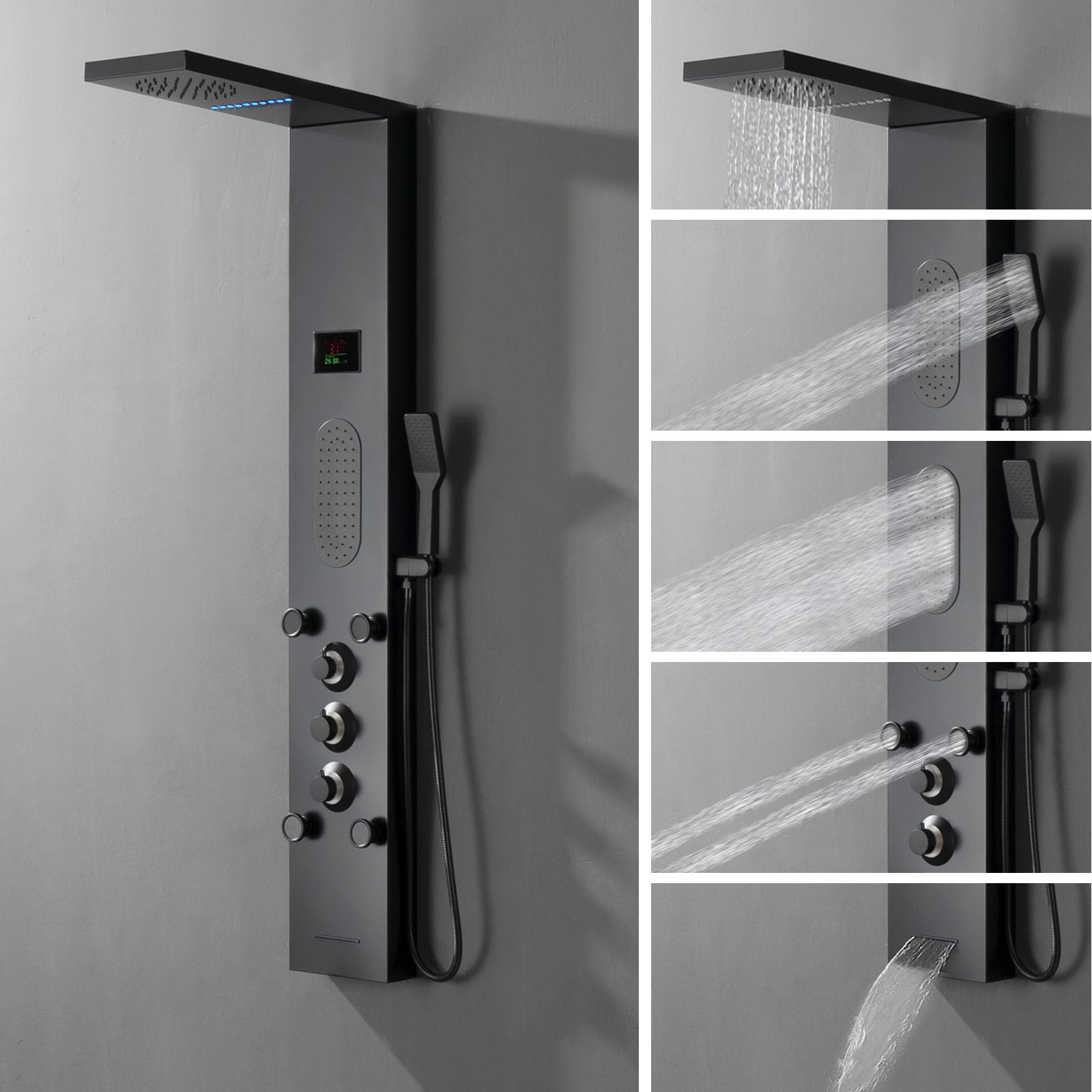 Black LED Shower Panel Tower System with LCD Temperature Display - Large Area Body Jet Massage Shower Fixtures, Adjustable Jets, Tub Spout & Hand Shower | Perfect for Modern Bathrooms, Spa-Like Experience at Home, Luxury Bathroom Upgrade