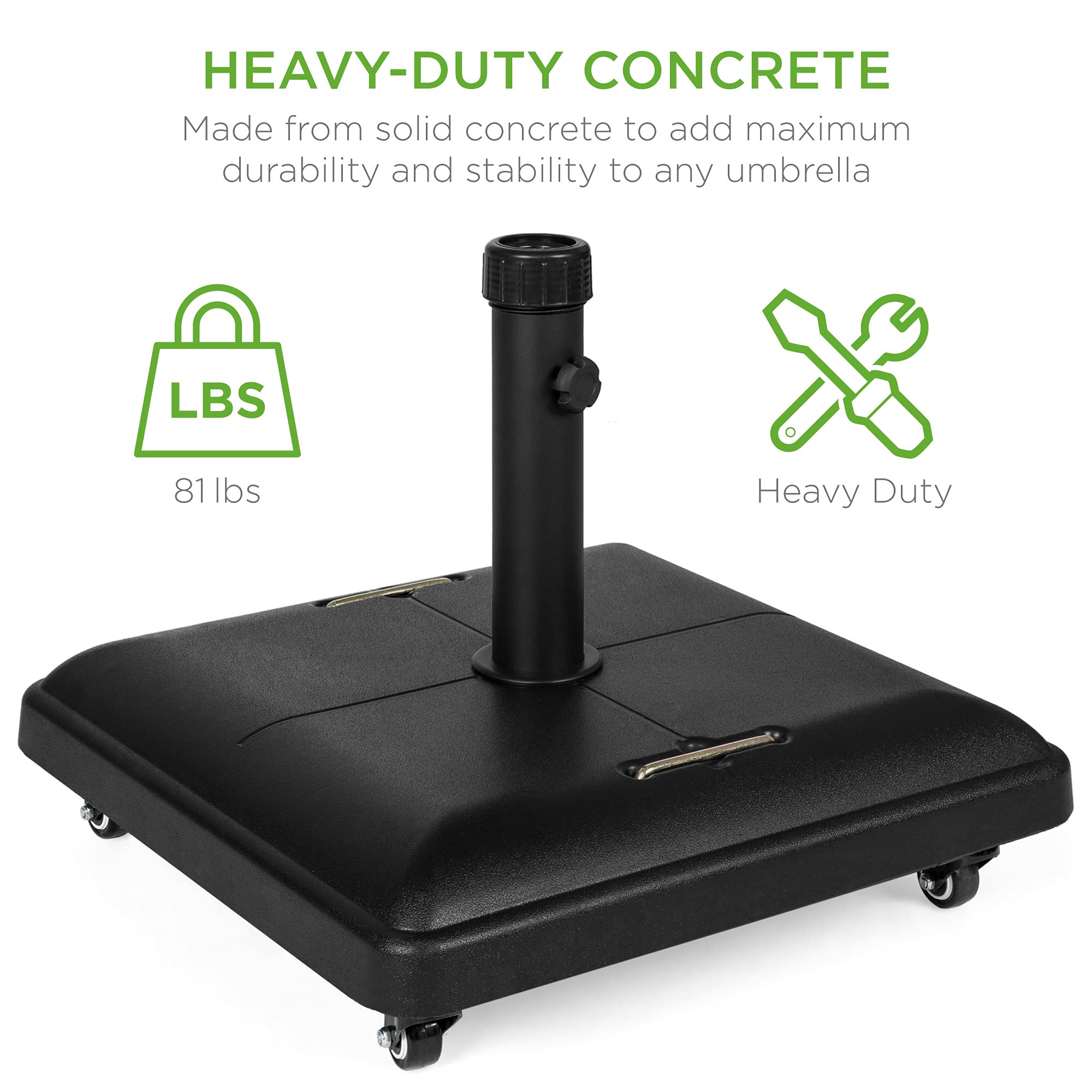Best Choice Products 81-Pound Heavy Duty Square Concrete Outdoor Patio Umbrella Base Stand with Locking Wheels & Handles - Perfect for Poolside, Backyard, Deck, and Garden Use