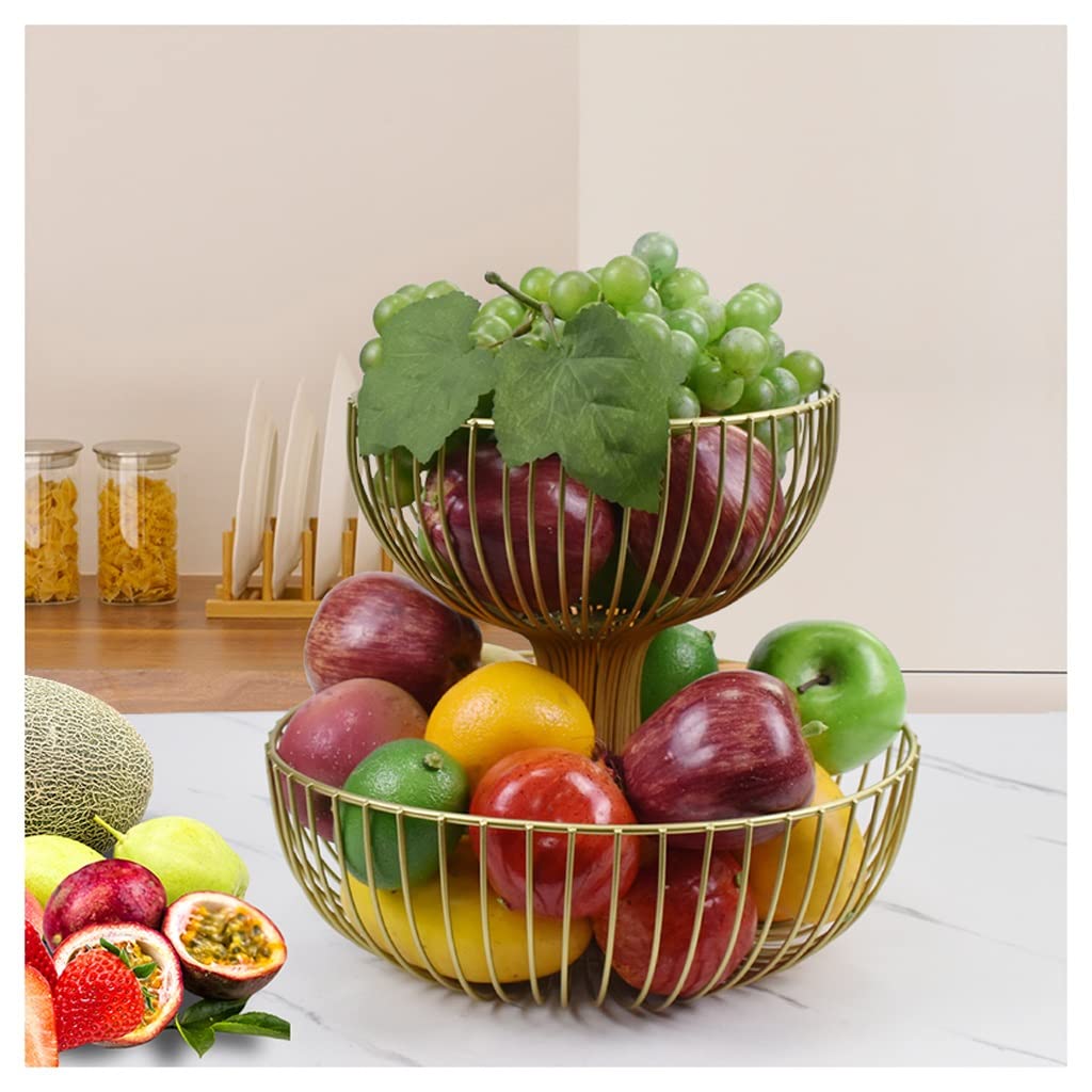 2-Tier Metal Fruit Bowl - Large Gold Countertop Fruit Basket for Kitchen, Vegetables & Snacks Storage | Perfect for Dining Table, Pantry Organization & Healthy Eating