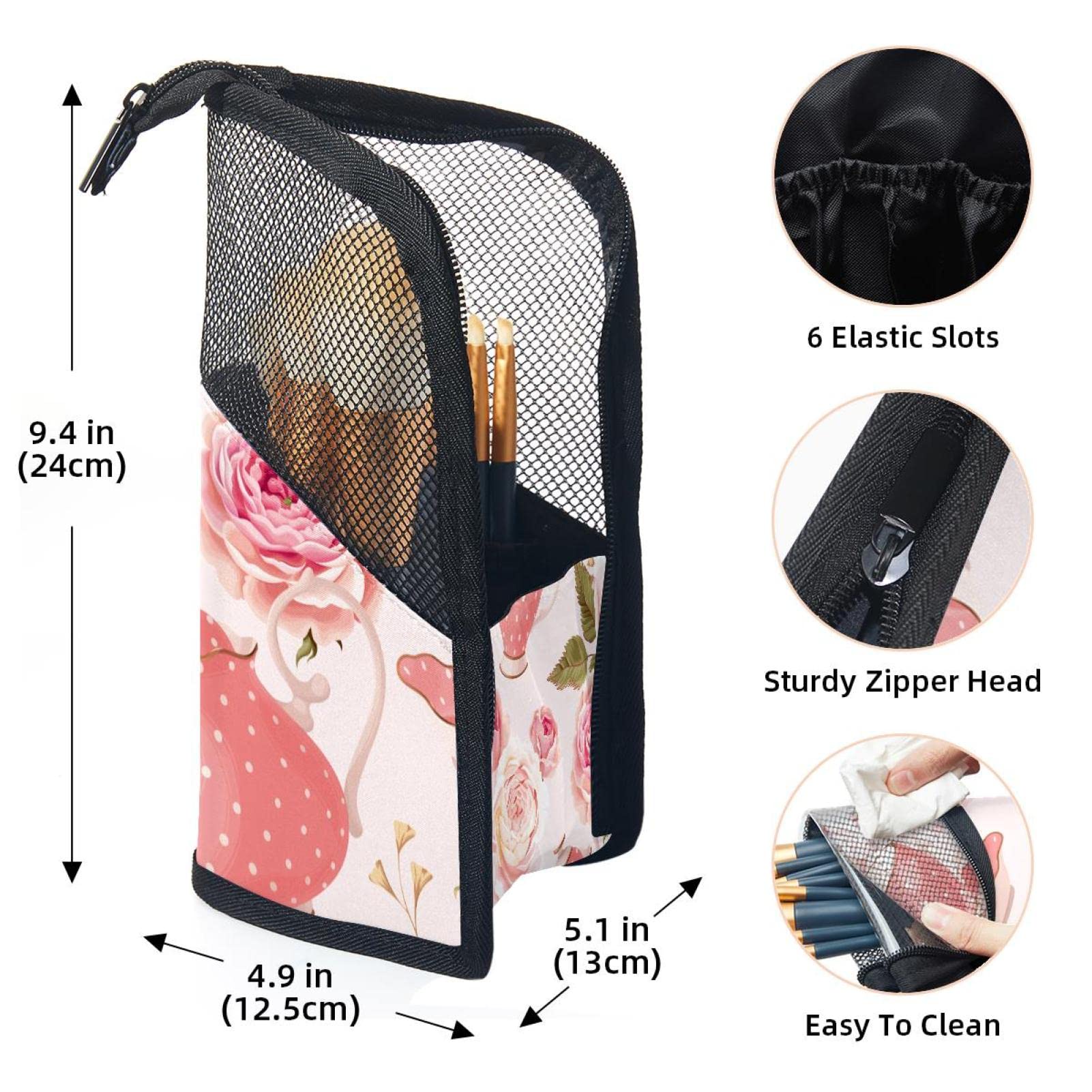 12-Piece Makeup Brush Organizer Bag - Pink Rose Teapot Flower Design, Portable Makeup Brush Holder Case for Travel & Home Storage | Perfect for Makeup Artists & Beauty Enthusiasts