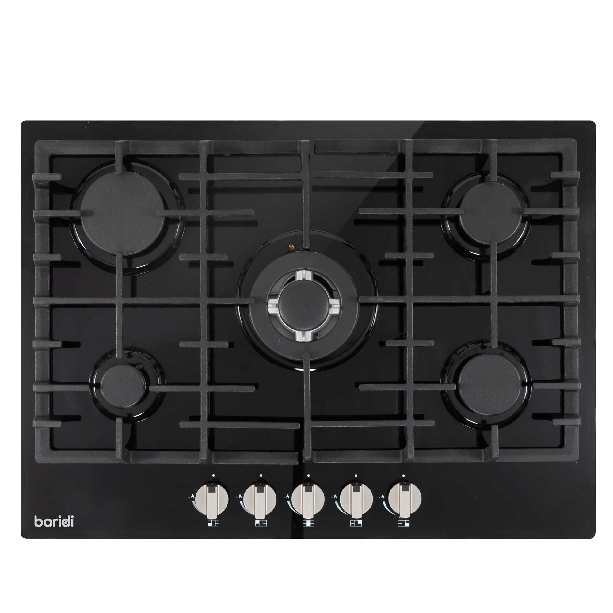 Baridi 70cm Built-In Gas on Glass Hob - 5 Burner Stove with Cast Iron Pan Supports, Black Glass (DH228) - Perfect for Modern Kitchens & Professional Cooking