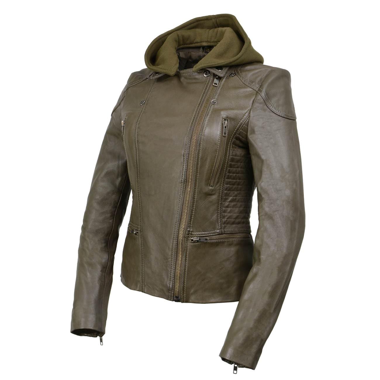 Milwaukee Leather SFL2815 Women's Black Motorcycle Style Leather Jacket with Hood & Asymmetrical Zipper - Perfect for Riding, Fashion & Outdoor Adventures