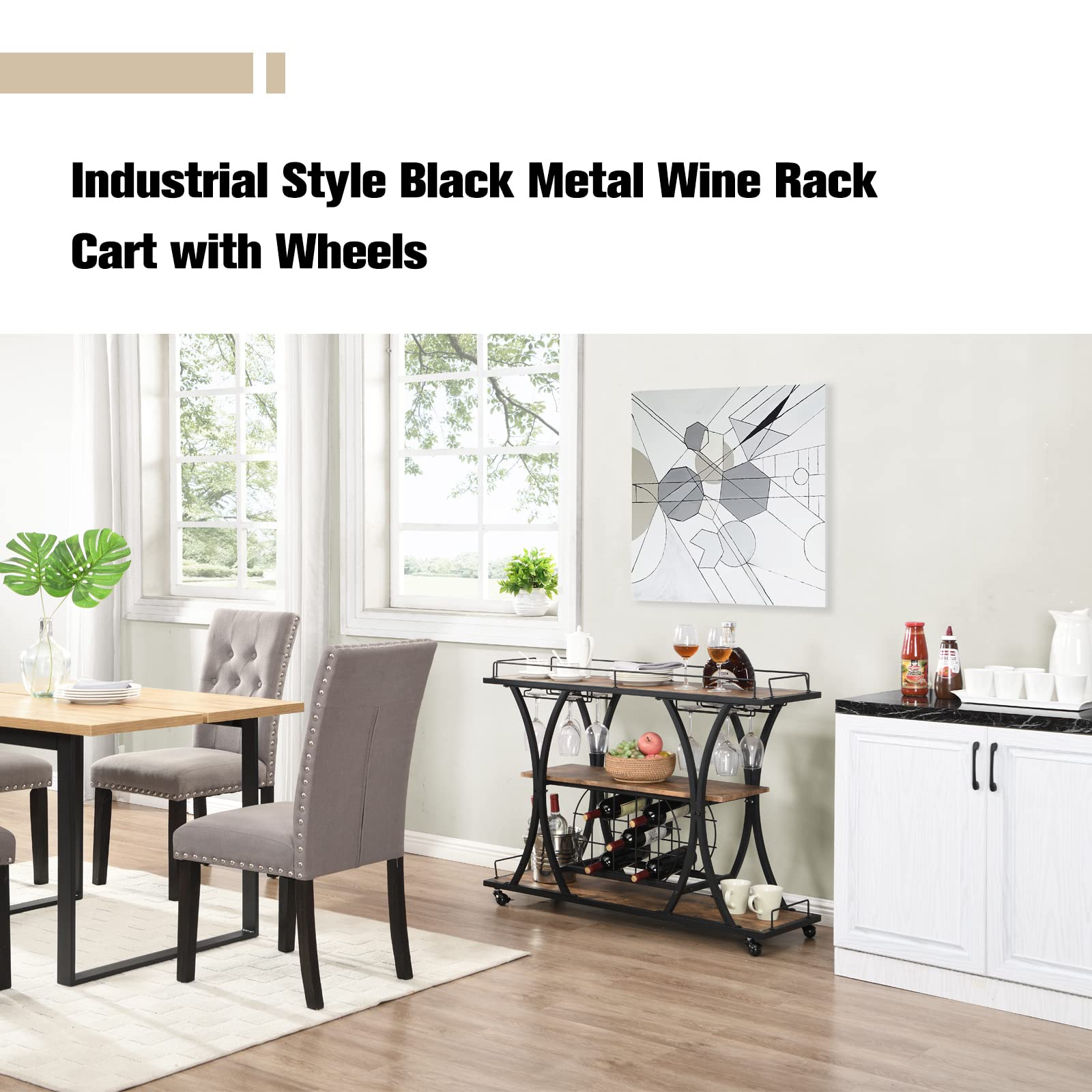 Industrial Bar Cart with Wine Rack & Wheels - Rustic Brown Black Wooden Metal Frame Mobile Serving Cart for Home, Holds 11 Bottles & 16 Glasses (44.09