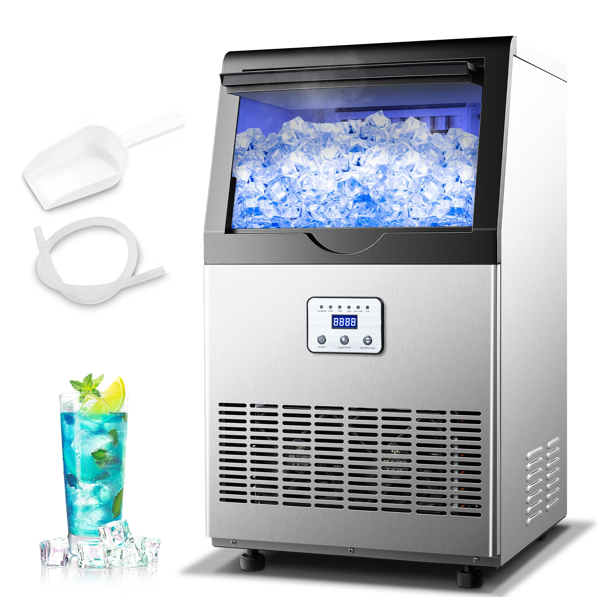 Commercial Ice Maker Machine - 110LBS/24H Stainless Steel Ice Maker with 25LBS Capacity, Produces 45 Ice Cubes in 12-15 Minutes, Self-Cleaning Function - Perfect for Restaurants, Bars, Home Kitchen, Office & Outdoor Parties (Includes Scoop)