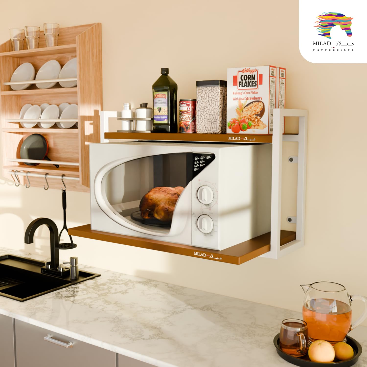 Stainless Steel Wall Mount Microwave Stand & OTG Shelf - Golden & White Kitchen Storage Rack with Spice Organizer (OS-12) - Space Saving Solution for Small Kitchens & Apartments