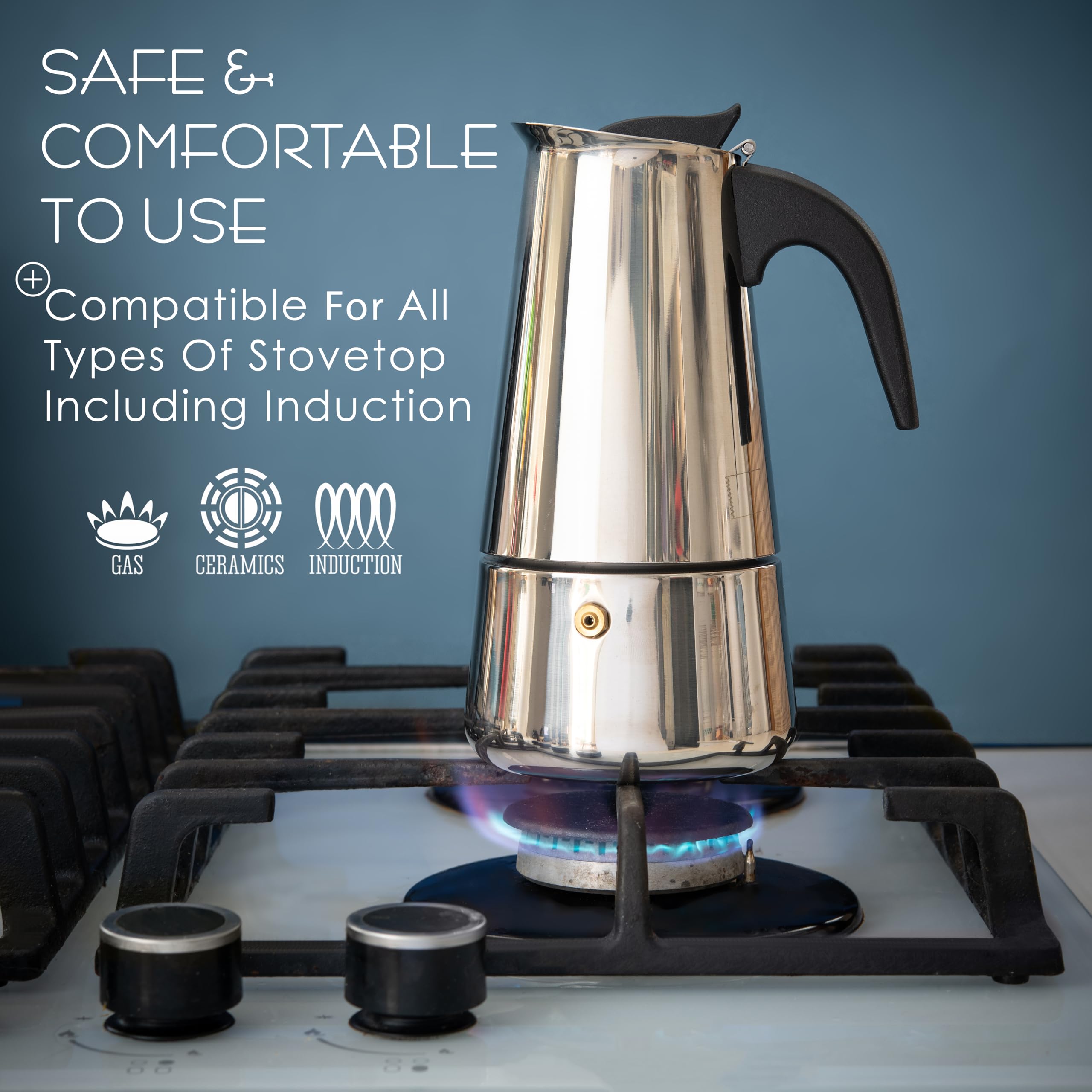 Mixpresso 6 Cup Stovetop Espresso Coffee Maker - 300ml/10oz Stainless Steel Moka Pot with Percolator Design, Italian Style Coffee Brewer for Home & Office Use, Perfect for Espresso, Latte and Cappuccino Making