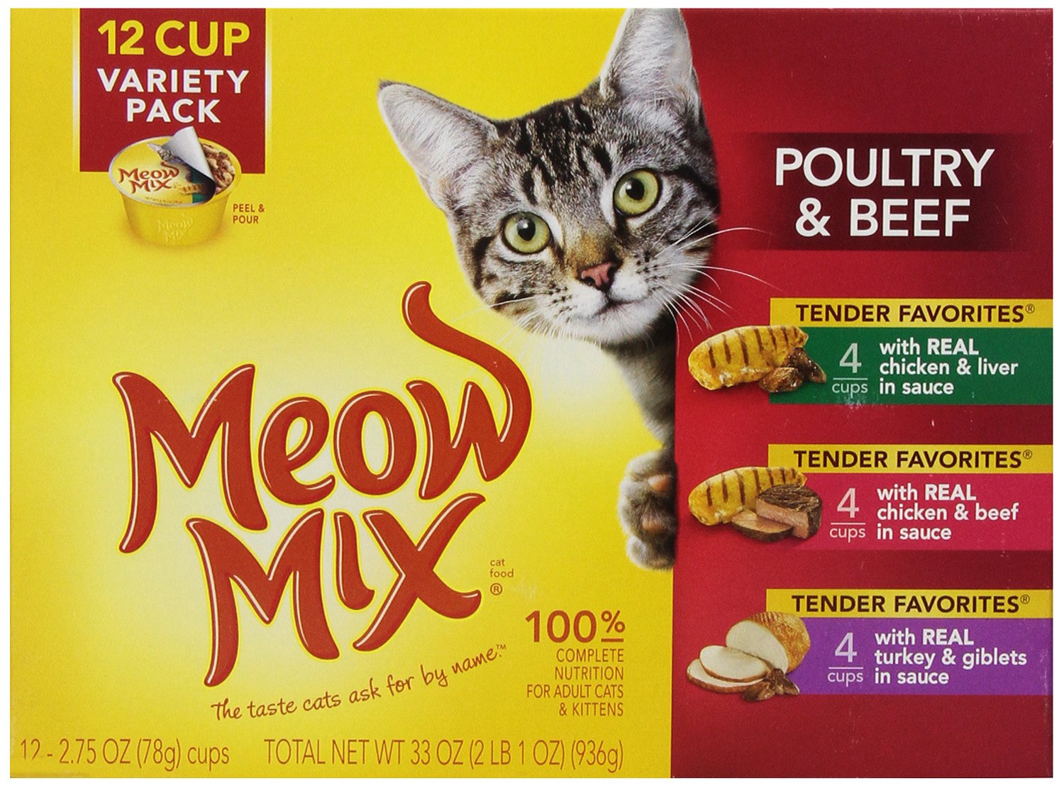 Meow Mix Tender Favorites Poultry & Beef Variety Pack Cat Food - 12 Count (2.75-Oz Cups) - Wet Cat Food for Adult Cats - Perfect for Mealtime, Travel & Treats