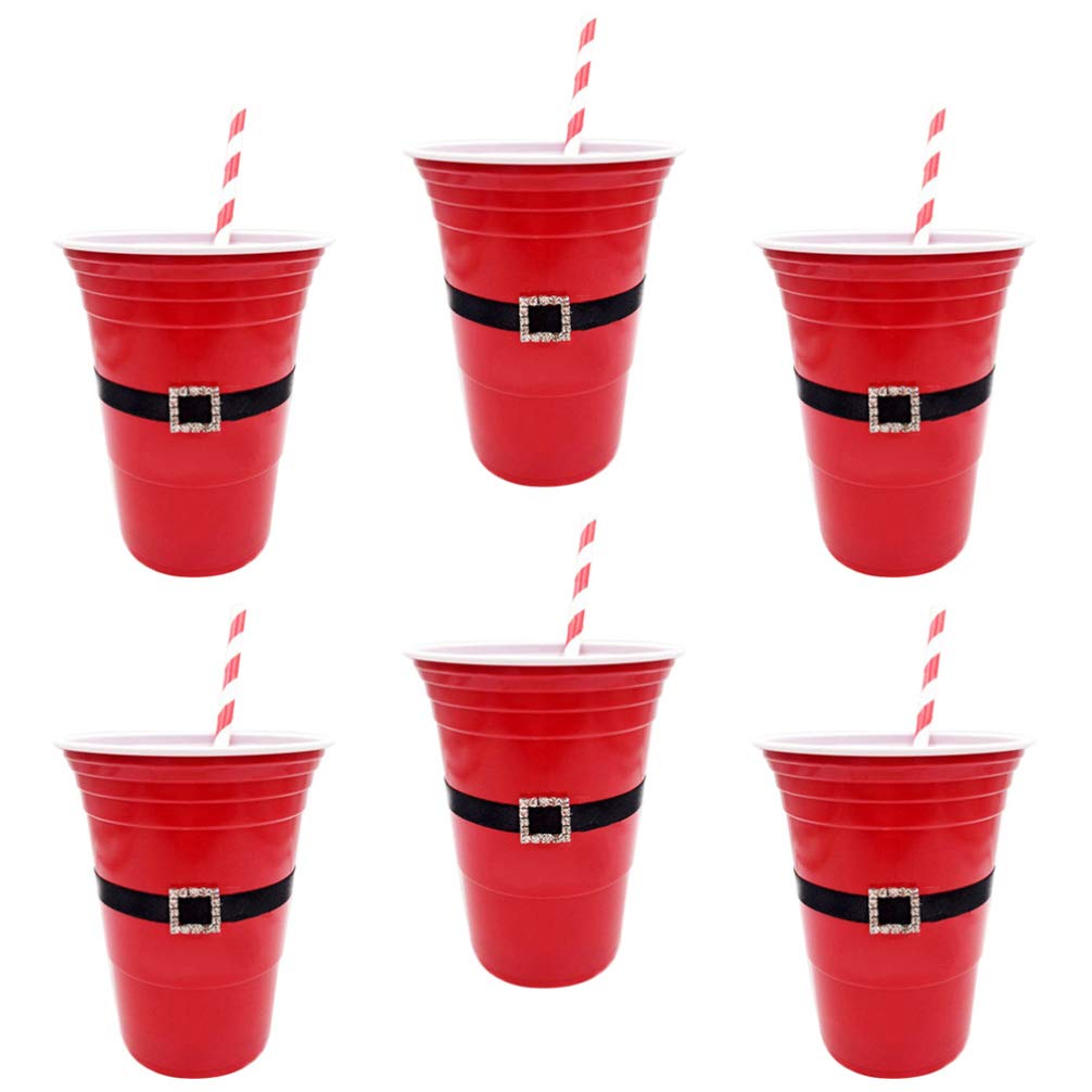 Happyyami 12-Piece Santa Belt Christmas Party Cups Set with Straws - Durable Plastic Drinking Cups for Holiday Celebrations, Home Parties & Festive Gatherings
