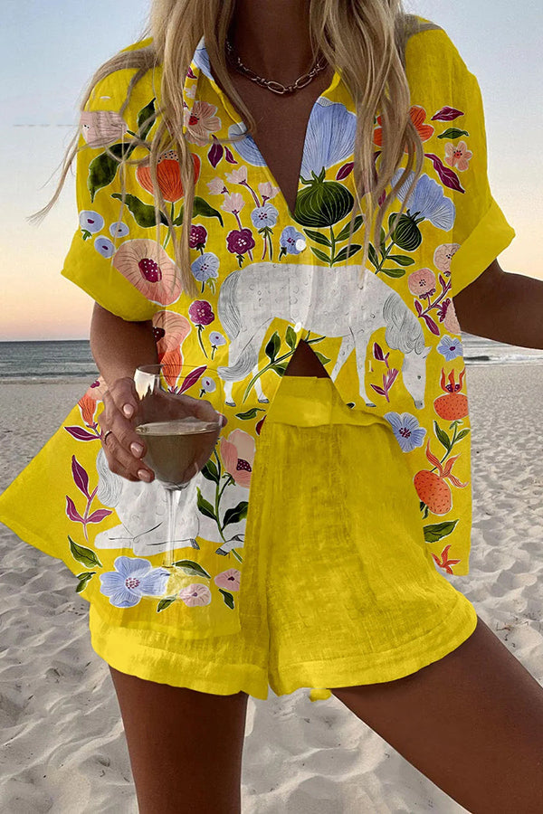 Floral White Horse Print Loose Buttoned Elastic Waist Shorts Set for Women - Summer Casual Outfit, Beachwear & Vacation Style