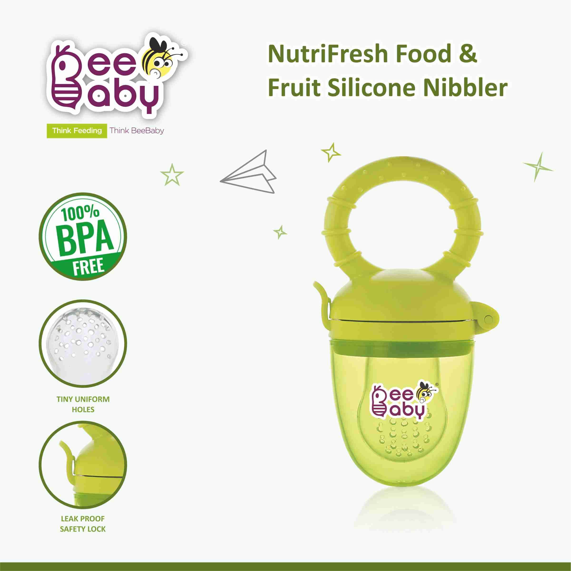 BeeBaby Soft Silicone Baby Food Feeder with Extra Mesh - Safe Fruit Nibbler & Teether for Infants 3+ Months | 100% BPA Free | Anti-Choking Design | Perfect for Purees, Fruits & Teething Relief (Fruttino - Green)