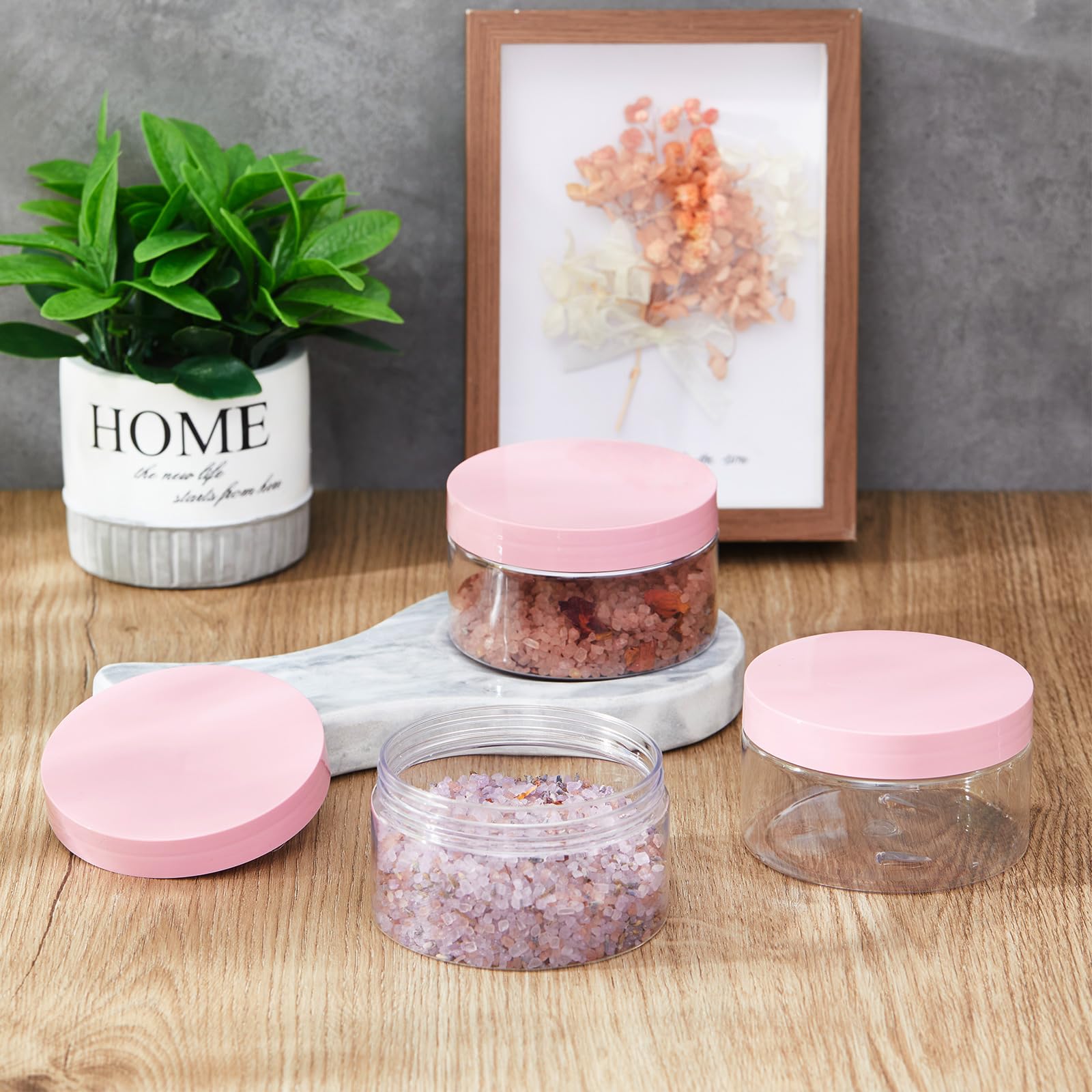 Dandat 24 Pack 8 oz Plastic Jars with Lids - Leak Proof PET Cosmetic Containers for Lotion, Cream, Gel & Powder - Refillable Travel Storage Jars (Clear with Pink Lid) | Perfect for DIY Beauty, Skincare Products & Travel Essentials