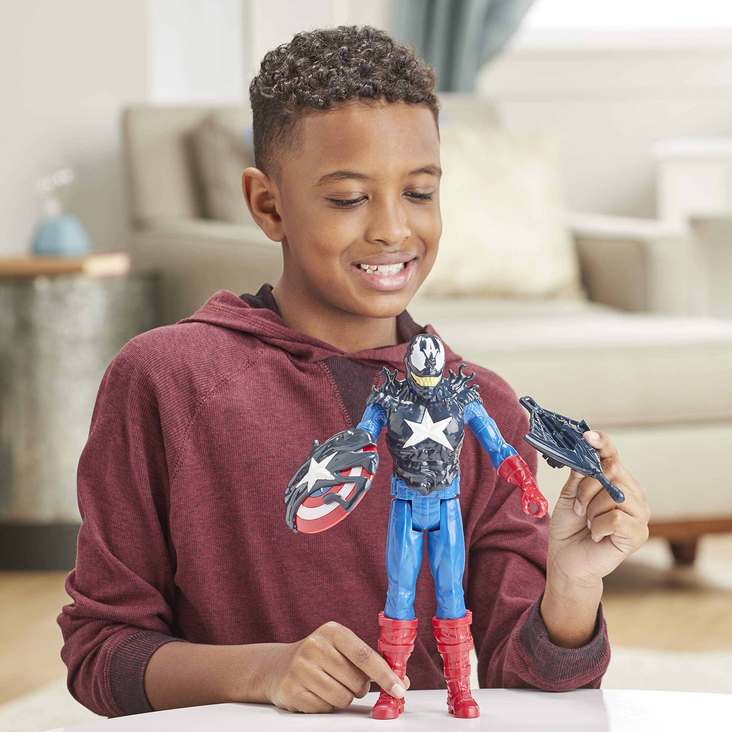 Hasbro E8683 Maximum Venom Titan Hero Series - Venom Captain America Action Figure with Starter, Projectile & 6 Accessories | Marvel Superhero Toy for Kids Ages 4+ | Birthday Gift, Role Play, Collectible Display