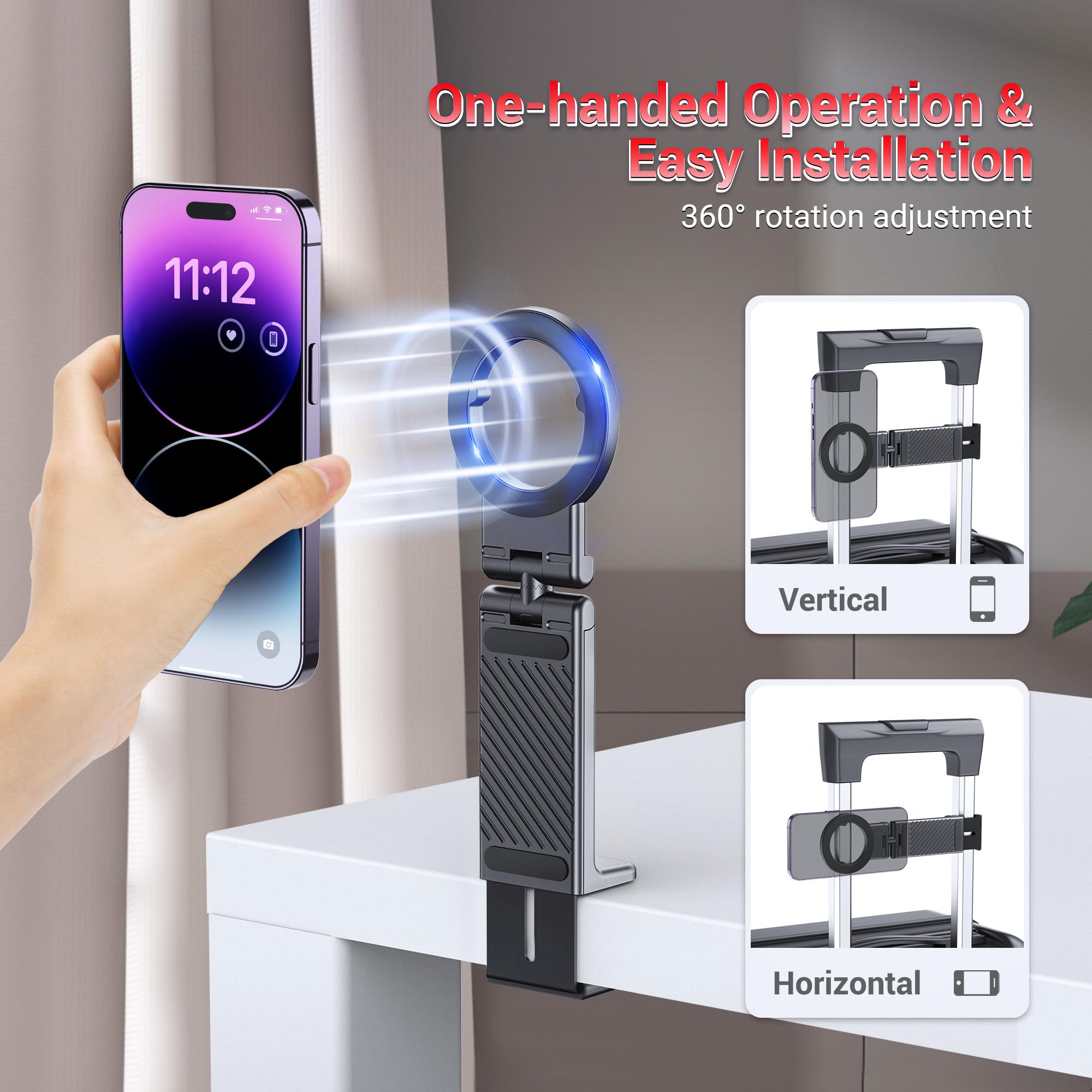 PROfezzion 2 Pack Magnetic Phone Holder for Airplane Travel - 360° Rotation Compatible with MagSafe iPhone 16/15/14/13/12 & All Smartphones - Hands-Free Car Mount for Desk, Tray Table & In-Flight Use - Perfect Travel Accessory for Business Trips & Vacations