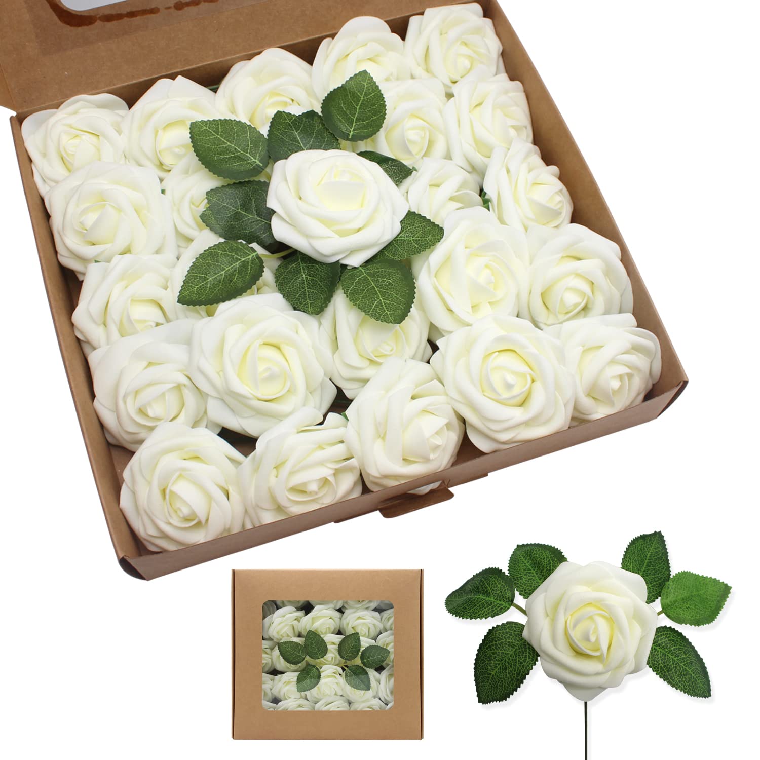 50pcs Realistic Artificial Roses - Foam Fake Flowers with Stems for DIY Wedding Bouquets, Bridal Shower Centerpieces, Party Decorations - Perfect for Home, Office, and Event Decor (Milk White)