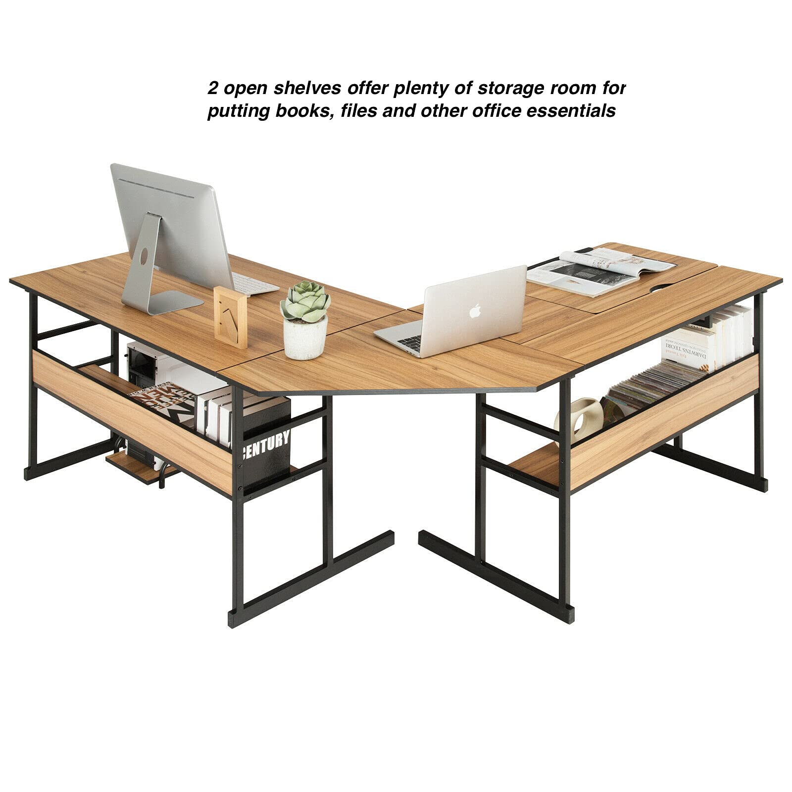 Ergonomic Walnut L-Shaped Corner Desk with Adjustable Tilt Top - Home Office Computer Workstation, Study Table with 2 Open Bookshelves for Laptop, Writing & Drawing - Perfect for Small Spaces, Gaming Setup & Artist Studio