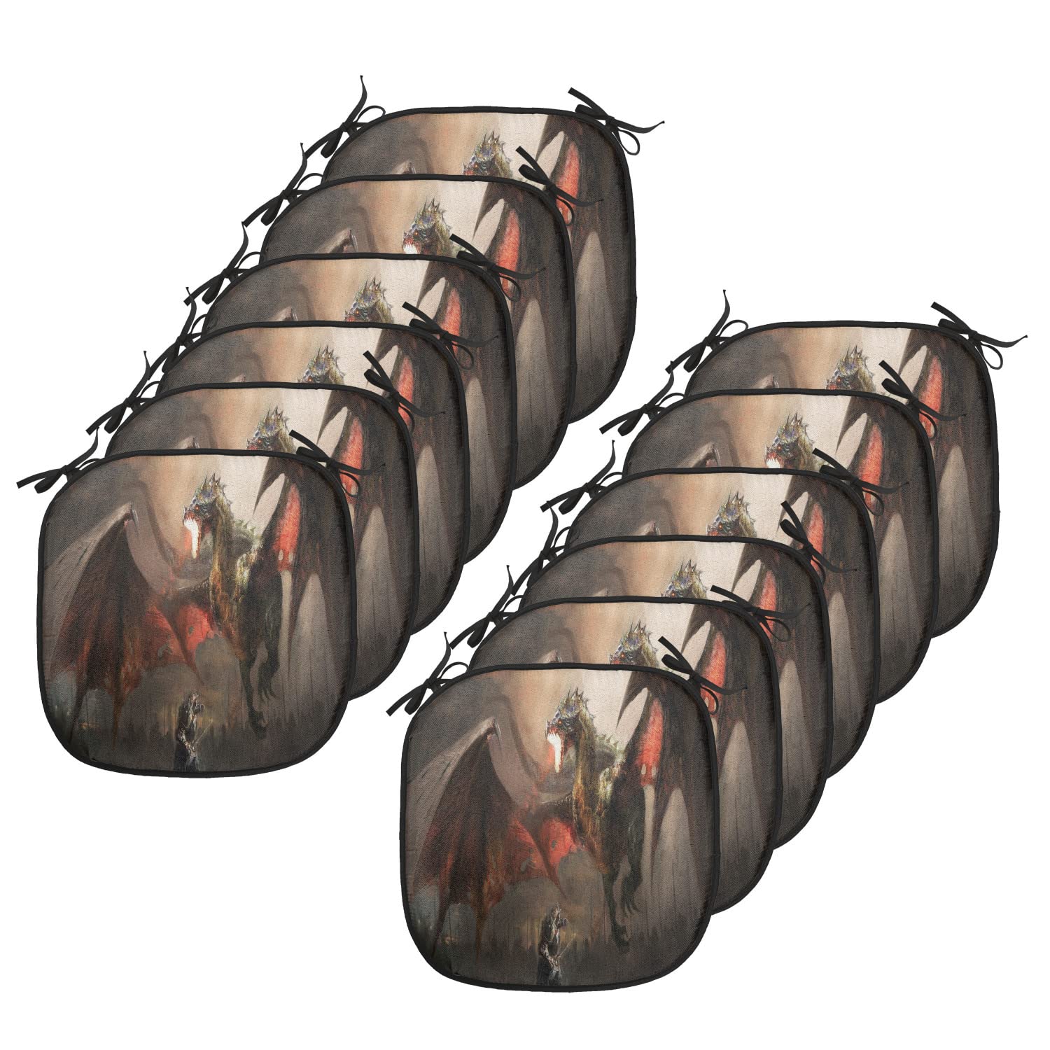 Lunarable Dragon Chair Cushion Set of 12 - Medieval Knight vs Dragon Fantasy Themed Anti-Slip Seat Pads 16x16 Inches, Orange & Brown - Perfect for Kitchen, Dining Room & Patio Furniture Decor