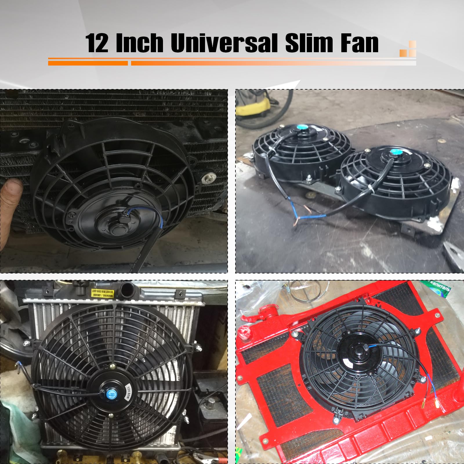 12V 80W 800 CFM Universal Slim Electric Radiator Fan - 12 Inch Push Pull Cooling Fan Kit for Auto Engine, Black | Perfect for Car, Truck & RV Cooling Systems