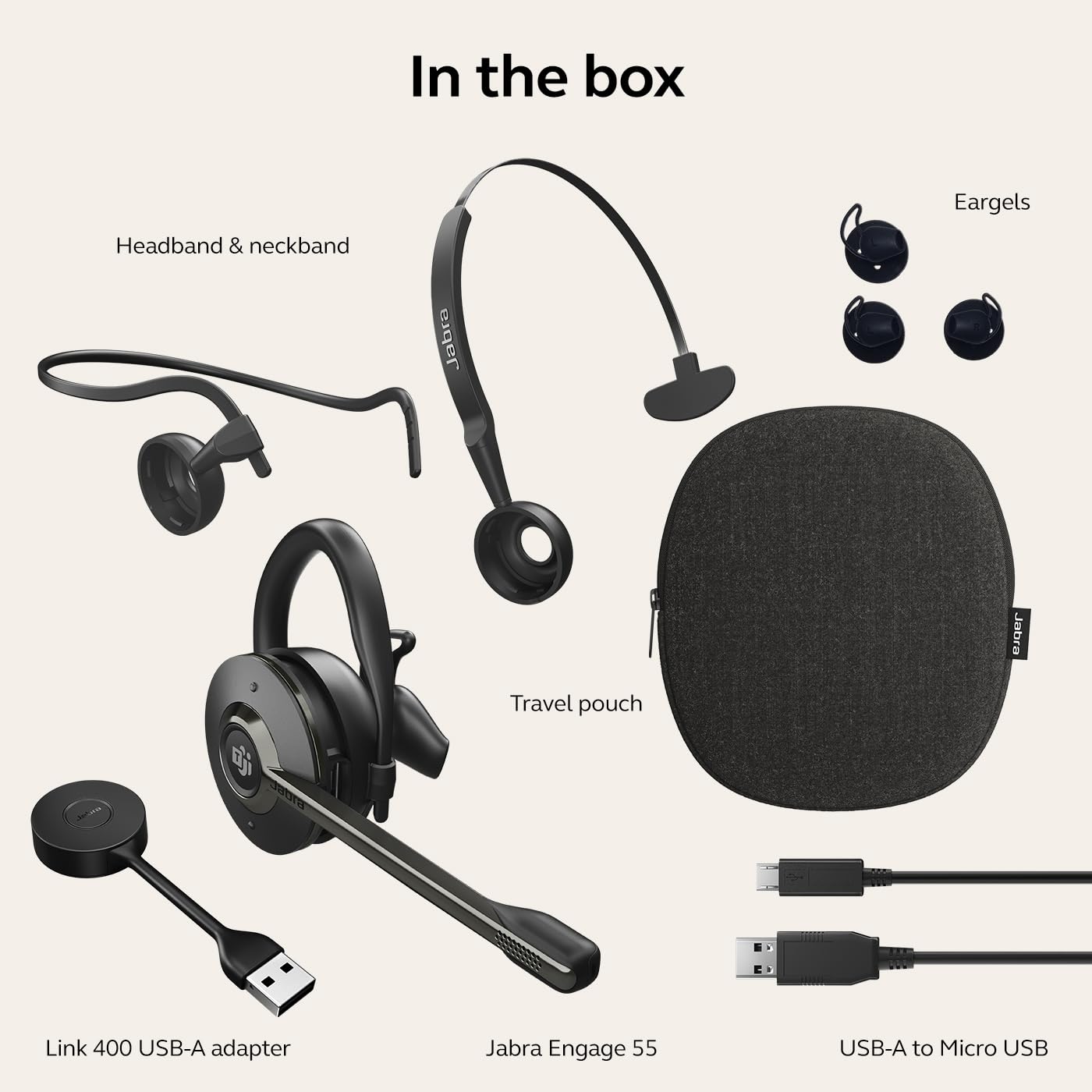 Jabra Engage 55 Wireless Headset with Noise-Cancelling Mic - Convertible Ear Hook, Headband & Neckband - Includes Link 400 USB-A DECT Adapter - MS Teams Certified & Multi-Platform Compatible (Black) - Perfect for Remote Work, Call Centers & Office Communications