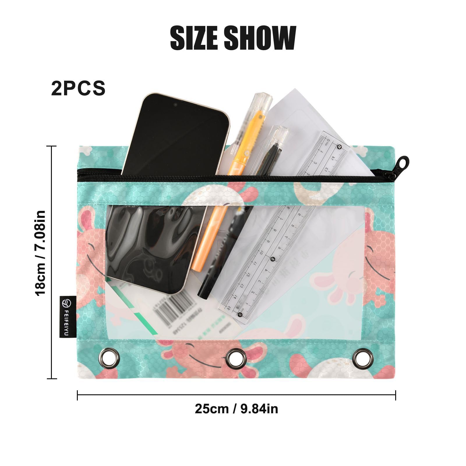 Kawaii Axolotl Green Zipper Pencil Pouch 2-Pack - 3-Ring Binder Organizer for School & Office Supplies - Cute Stationery Case for Notebooks, Folders & Backpacks