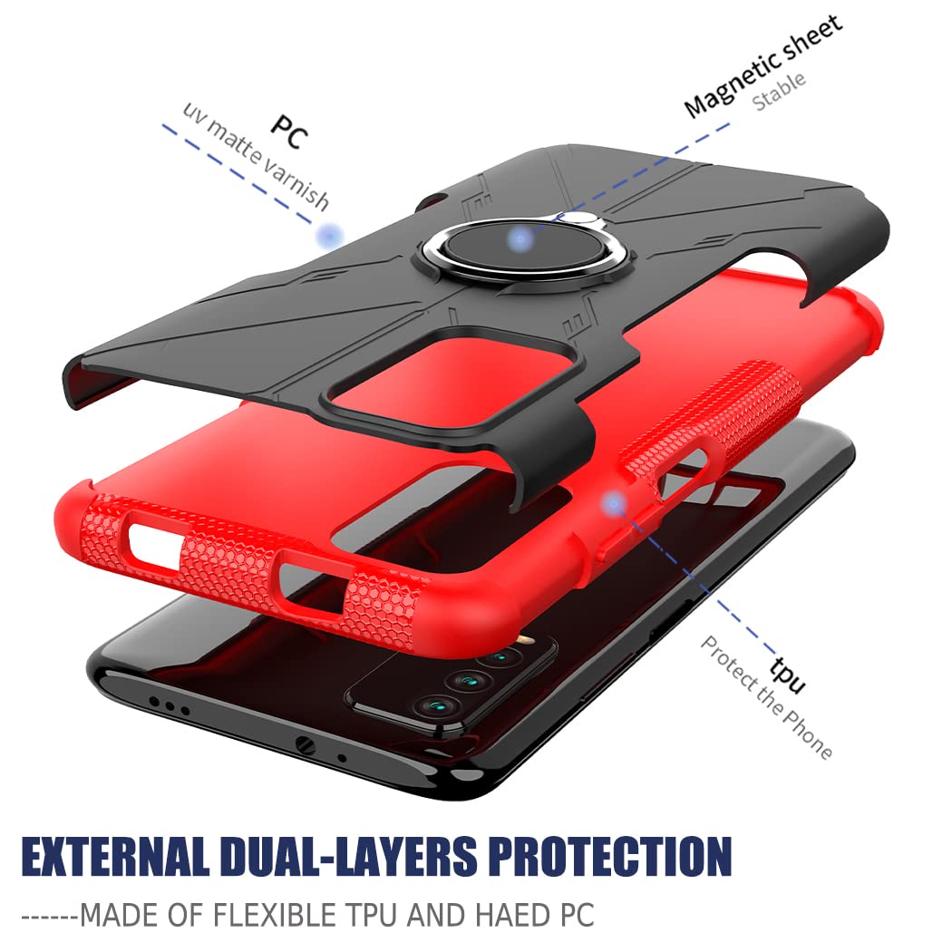 Premium Shockproof Phone Case for Redmi 9T/Poco M3/Redmi Note 9 4G M2010J19SL - Includes Tempered Glass Screen Protector & 360° Rotating Metal Ring Holder Kickstand - Durable Protection Cover for Xiaomi Redmi 9T (Red) - Perfect for Work, Travel & Outdoor Activities
