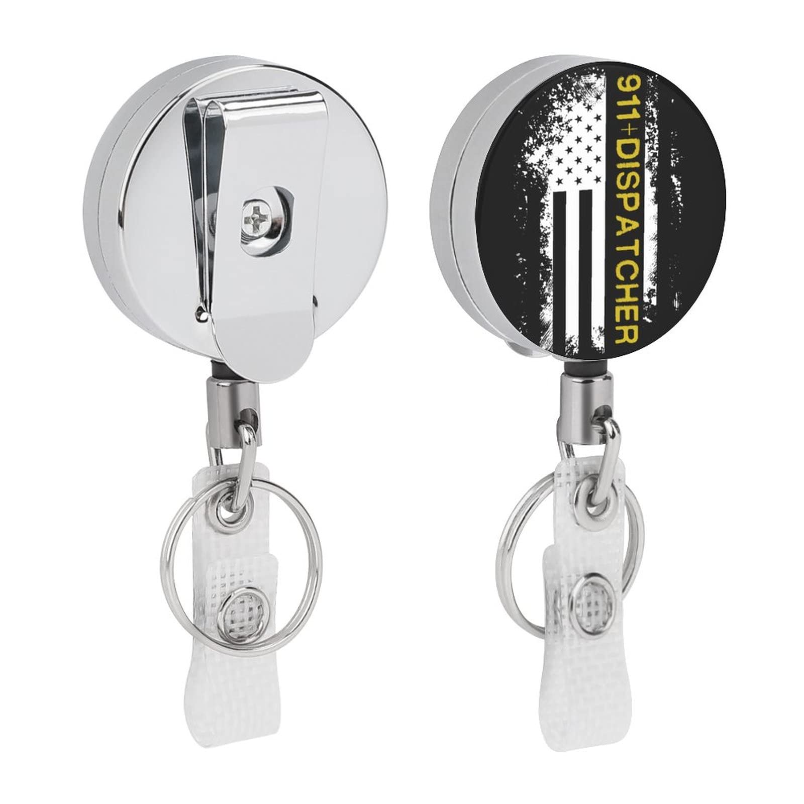 911 Dispatcher Thin Gold Line Flag Metal Badge Clip - Law Enforcement ID Card Holder with Belt Clip & Keychain - Perfect for First Responders, Police Officers & Security Professionals
