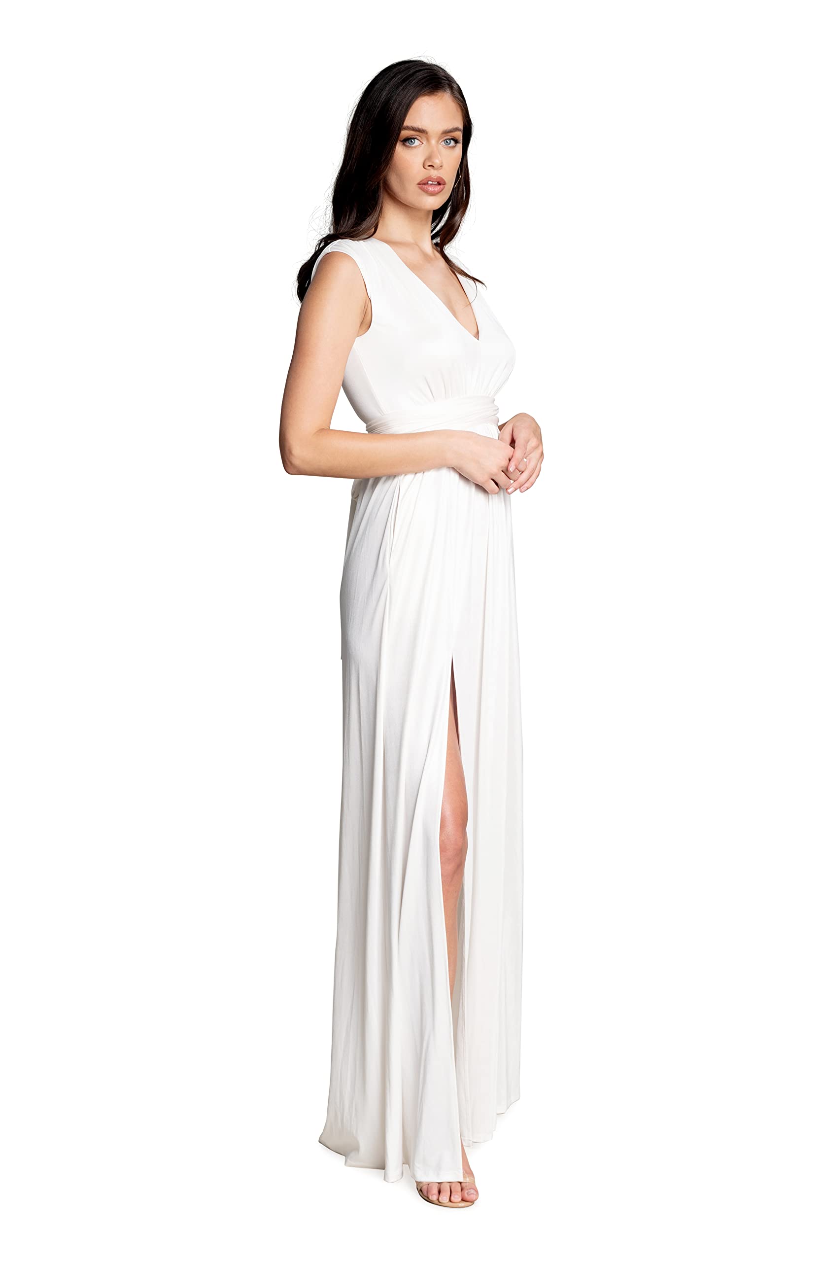DRESS THE POPULATION Women's Krista V-Neck Tie Waist Coated Jersey Slit Front Maxi Dress | Elegant Formal & Cocktail Party Wear | Wedding Guest & Evening Gown