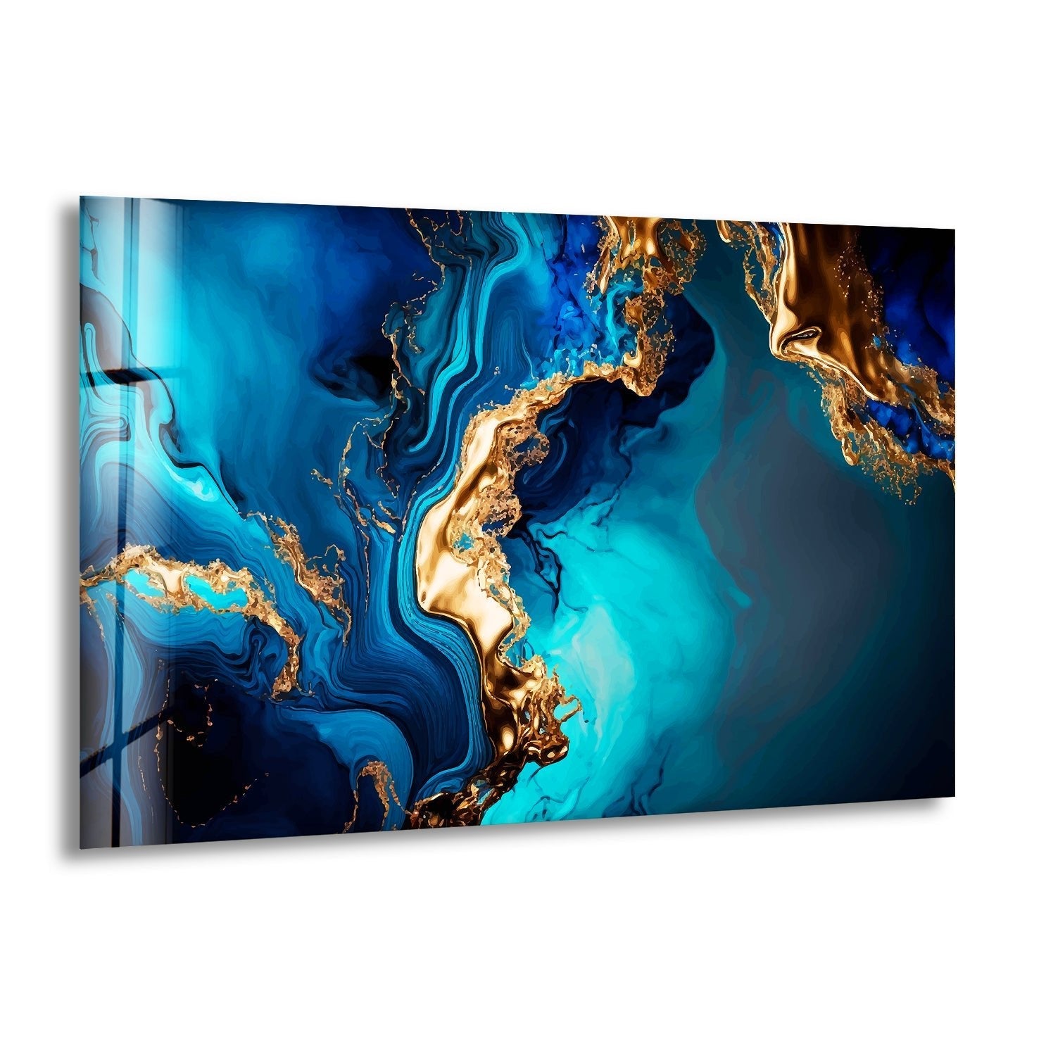 Abstract Turquoise Marble Glass Wall Art - Modern Home Decor for Living Room, Bedroom & Office - Handmade Blue and White Marbleized Glass Panel