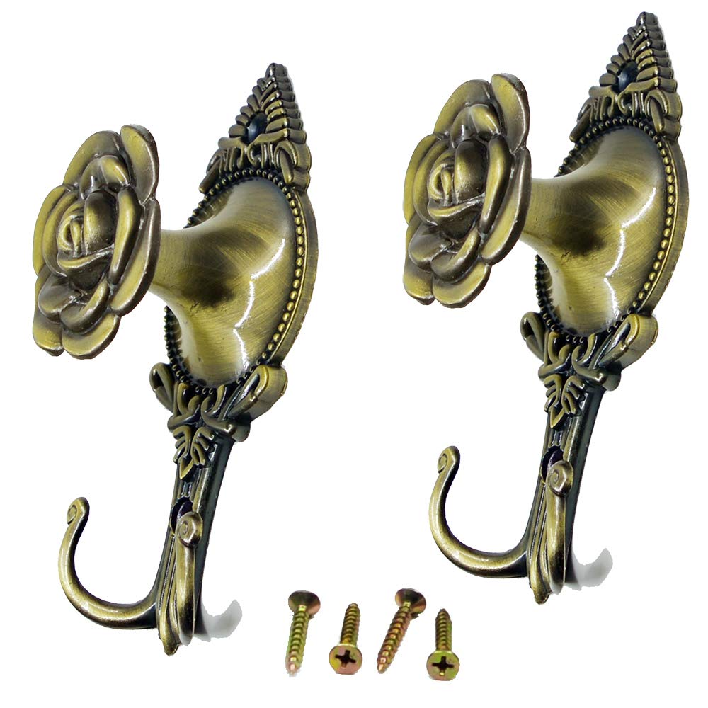 Vintage Drapery Tieback Hooks - Rose Design (2pcs) for Curtains & Wall Decor