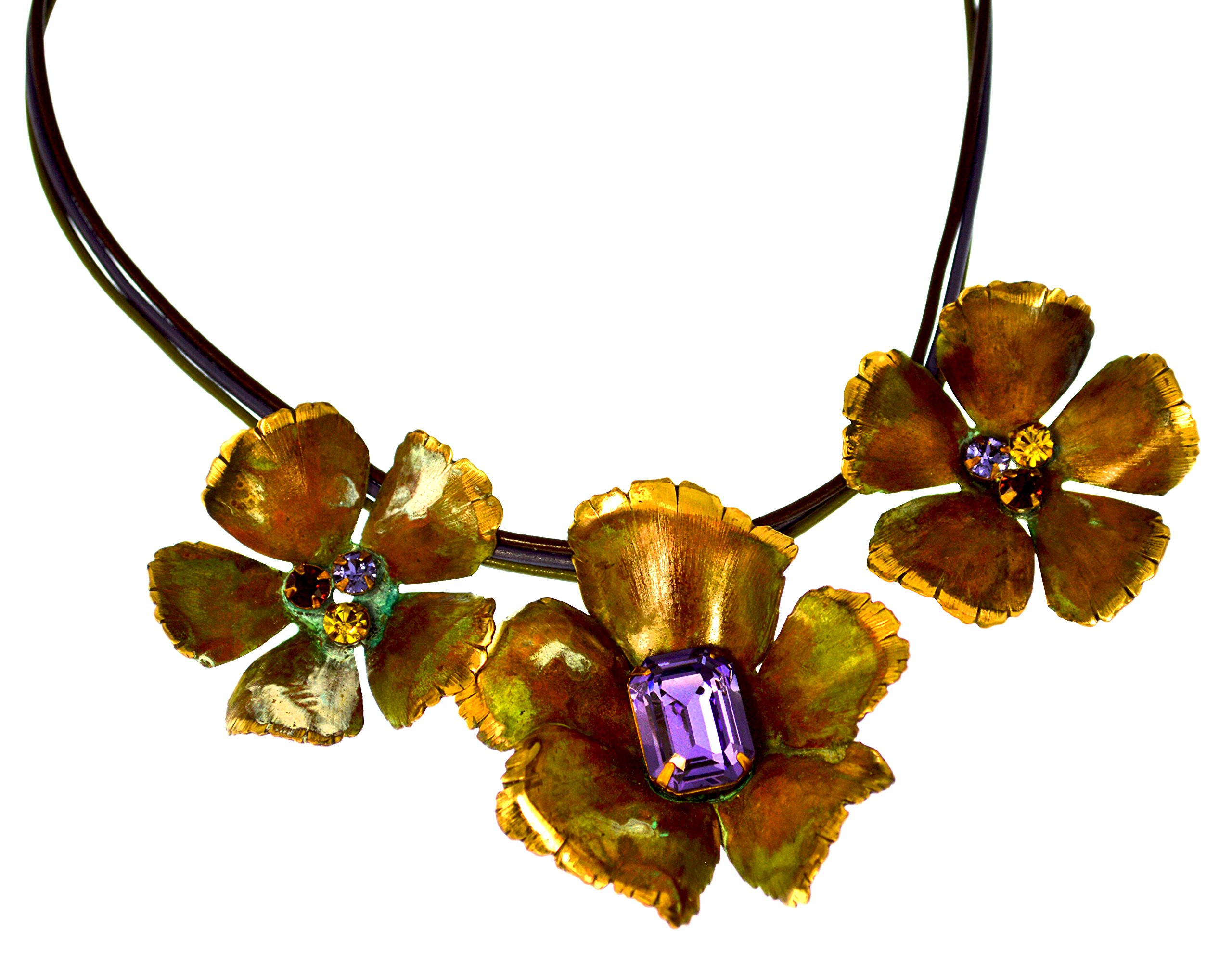 Olive Patina Graduated Sculptural Flowers Necklace with Swarovski Crystals - Elegant Statement Jewelry for Women, Perfect for Weddings, Parties & Special Occasions