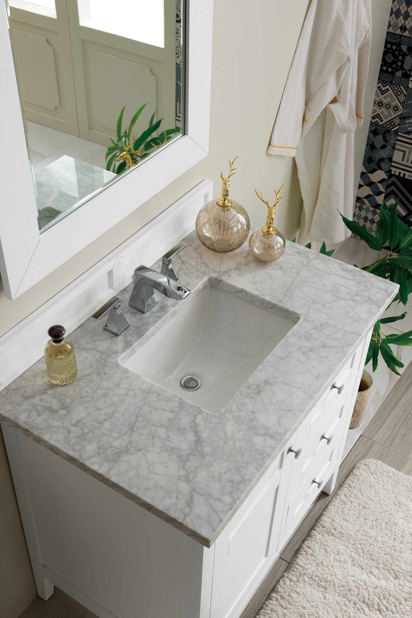 Palisades 36 Inch Single Bathroom Vanity with Bright White Finish & 3CM Carrara Marble Top - Perfect for Modern Master Bathrooms & Guest Bathroom Renovations