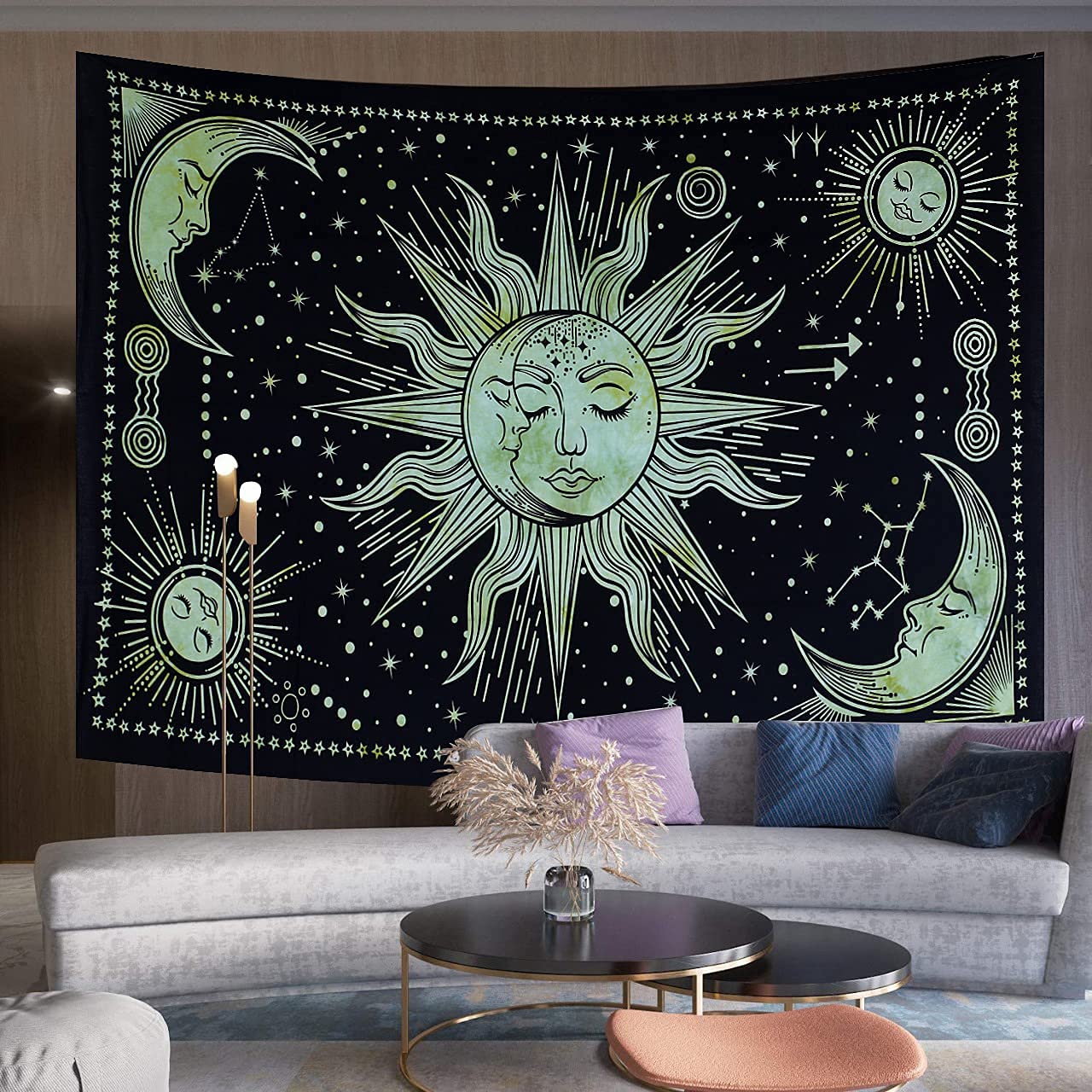 Boho Sun Moon Tapestry - Indian Cotton Wall Hanging for Bedroom & Dorm Decor - Green 55x85