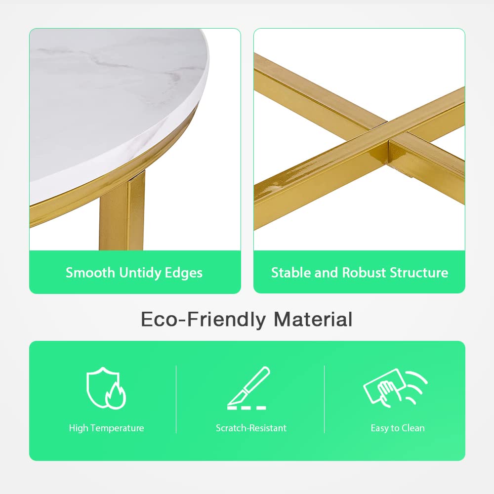 Modern Round Coffee Table with Marble Top & Gold Metal Legs - AZL1 Life Concept Center Table for Living Room, Dining Room | Stylish Sofa Table for Home Decor, Lounge & Office Use
