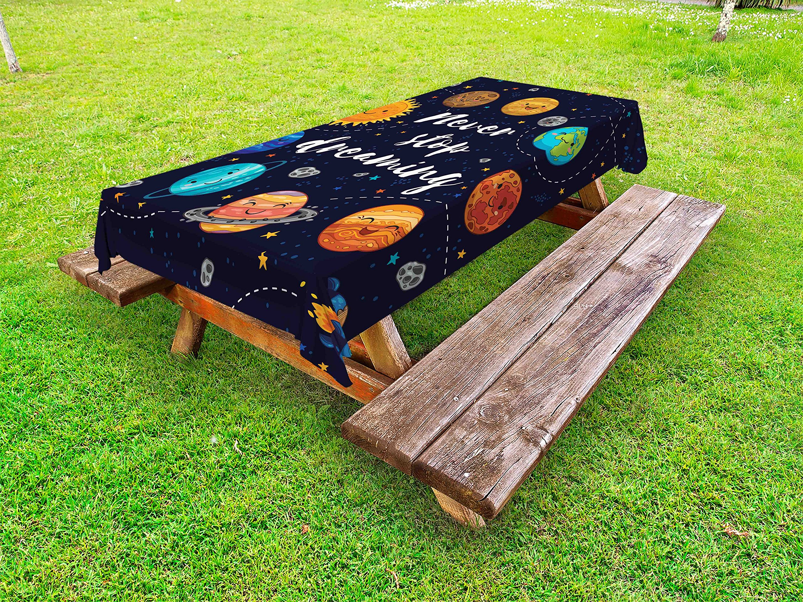 Ambesonne Space-Themed Waterproof Outdoor Tablecloth - Solar System Planets, Stars, Moon & Comets Design - 58