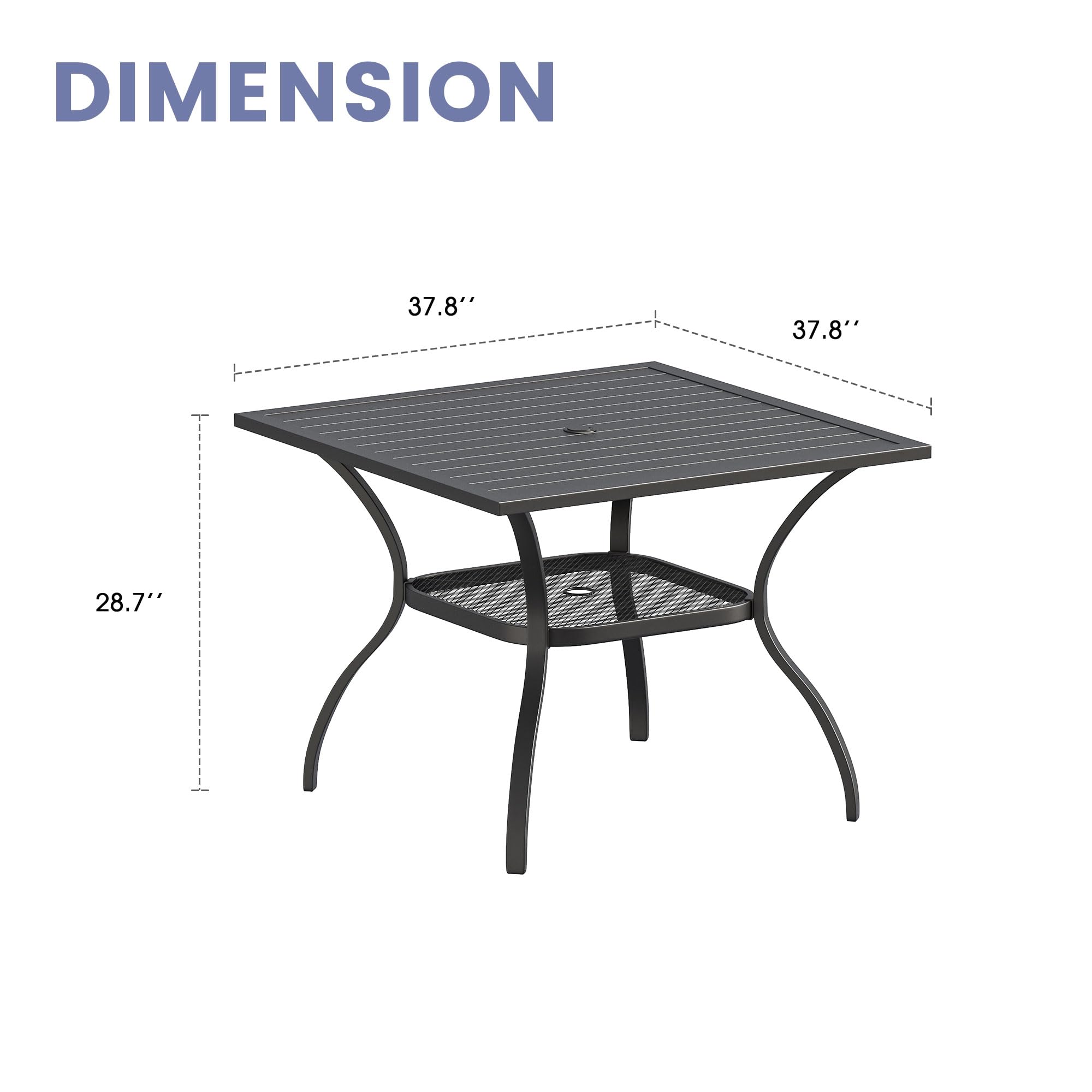 VICLLAX 4-Person Square Outdoor Patio Dining Table with Metal Slatted Tabletop, Storage Shelf & Umbrella Hole - Perfect for Backyard, Lawn, Deck & Garden Gatherings (Black)
