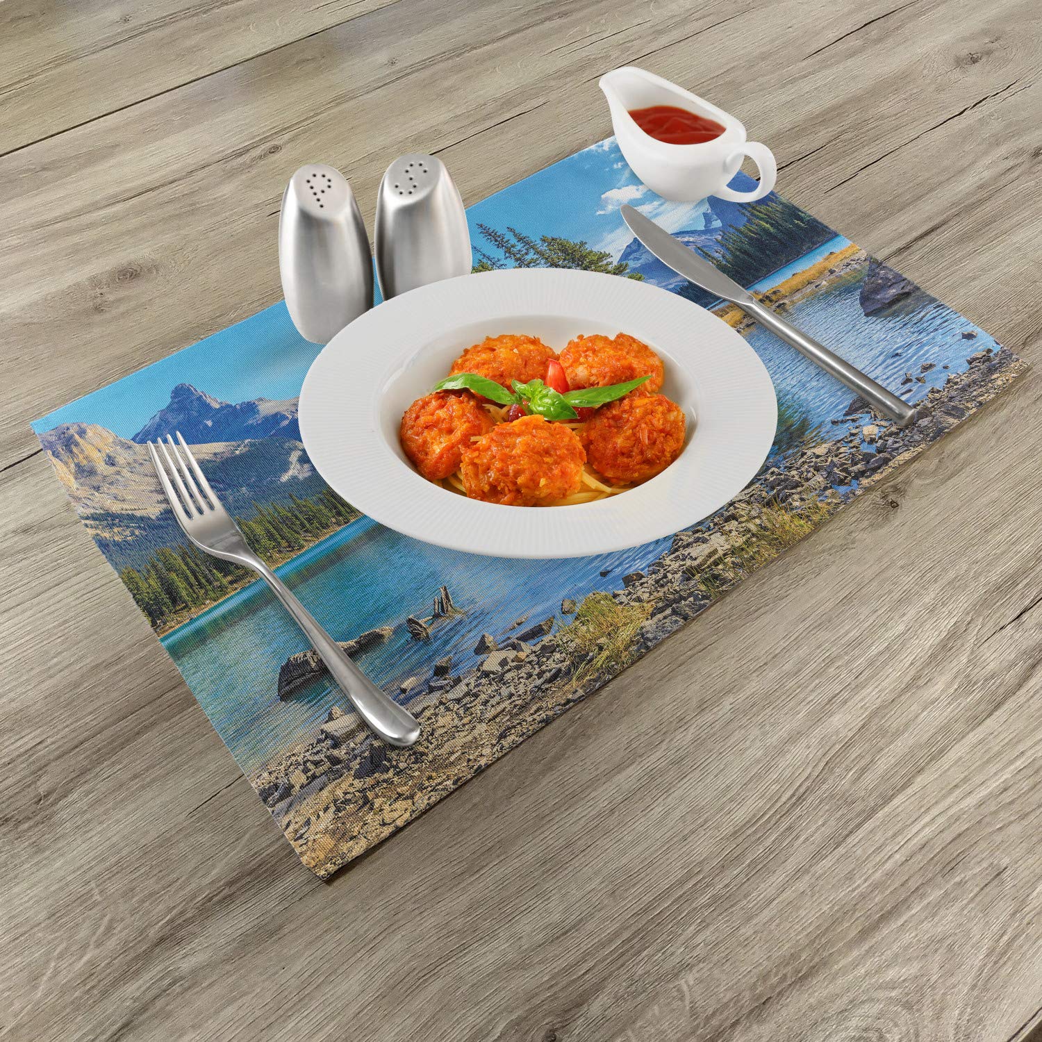 Lunarable Mountain Place Mats Set of 4 - Scenic Spirit Island & Maligne Lake Canada Summer Landscape - Washable Fabric Table Mats for Dining Room & Kitchen Decor in Pale Blue Green Tan - Perfect for Dinner Parties & Holiday Gatherings