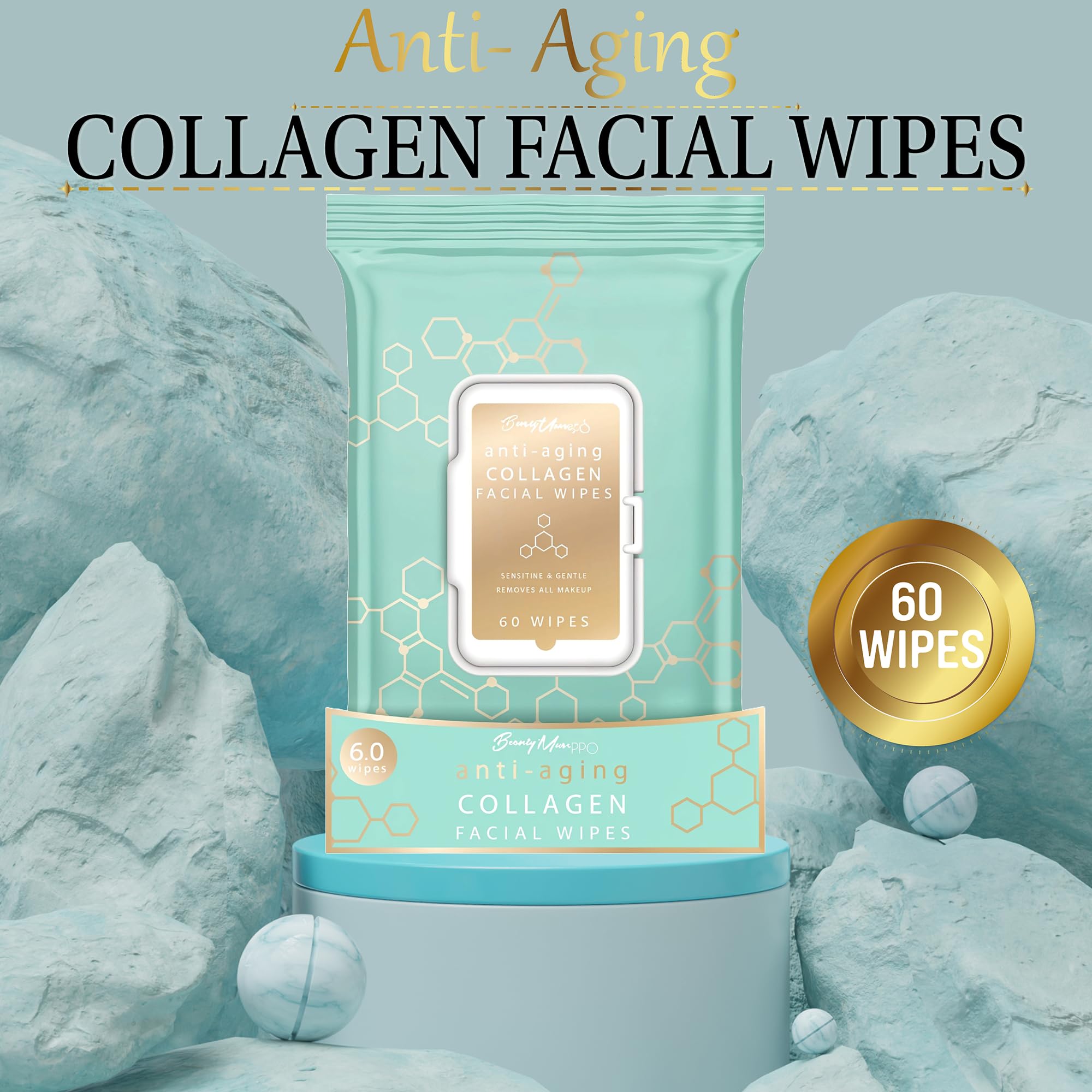 BEAUTY MUSE Anti-Aging Collagen Facial Makeup Wipes - Gentle Makeup Remover for Sensitive Skin - 60 Count - Hypoallergenic & Dermatologist Tested - Perfect for Travel, Gym & Nightly Skincare Routine