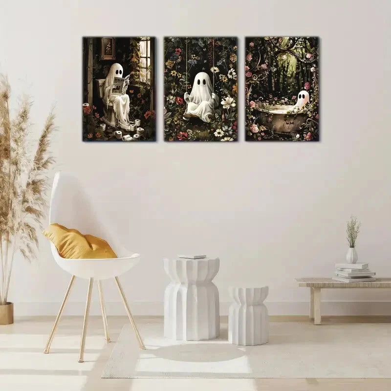 3-Piece Ghost on the Toilet Reading While Bathing Metal Wall Art Prints - Ready to Hang Decor for Bathroom, Halloween & Gothic Home Decor