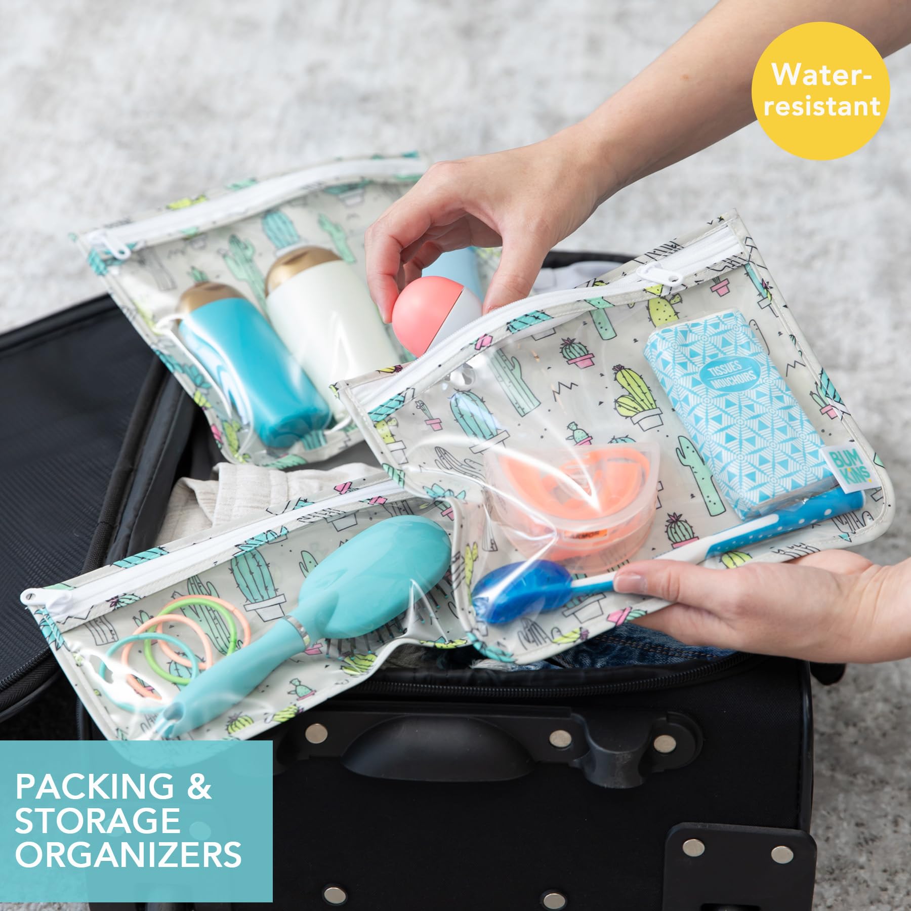 Bumkins TSA Approved Clear Toiletry Bag Set of 3 - PVC-Free & Vinyl-Free Travel Cosmetic Organizer for Airplane Carry-On, Gym, Beach & Vacation Essentials | Cactus Design