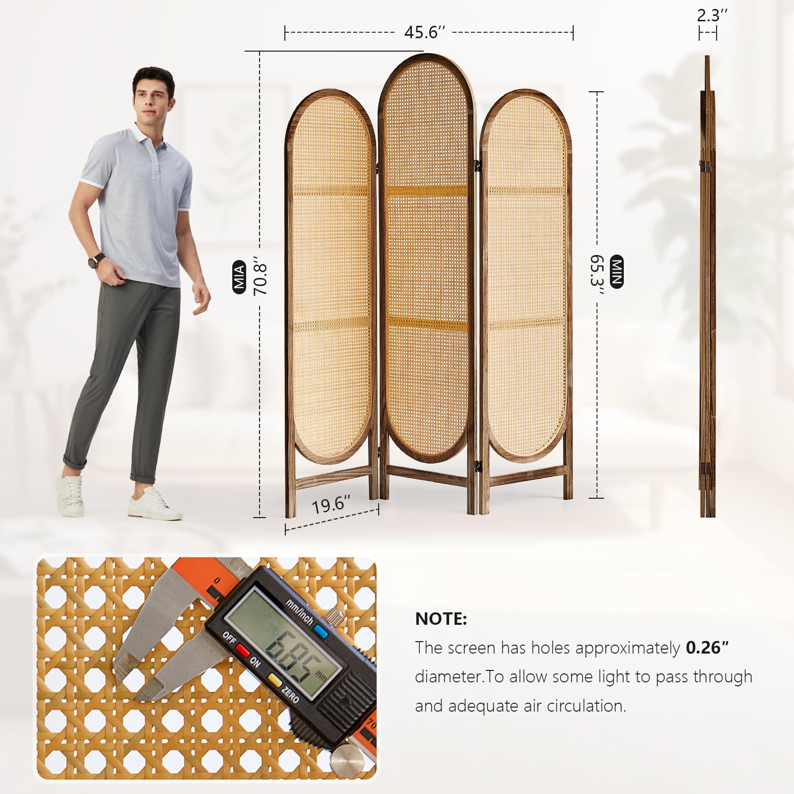3-Panel Wood Room Divider | Folding Rattan Partition Screen with Unique Design | Portable Privacy Wall Divider for Home, Office, Restaurant & Bedroom (Brown) | Perfect for Space Separation & Interior Decor