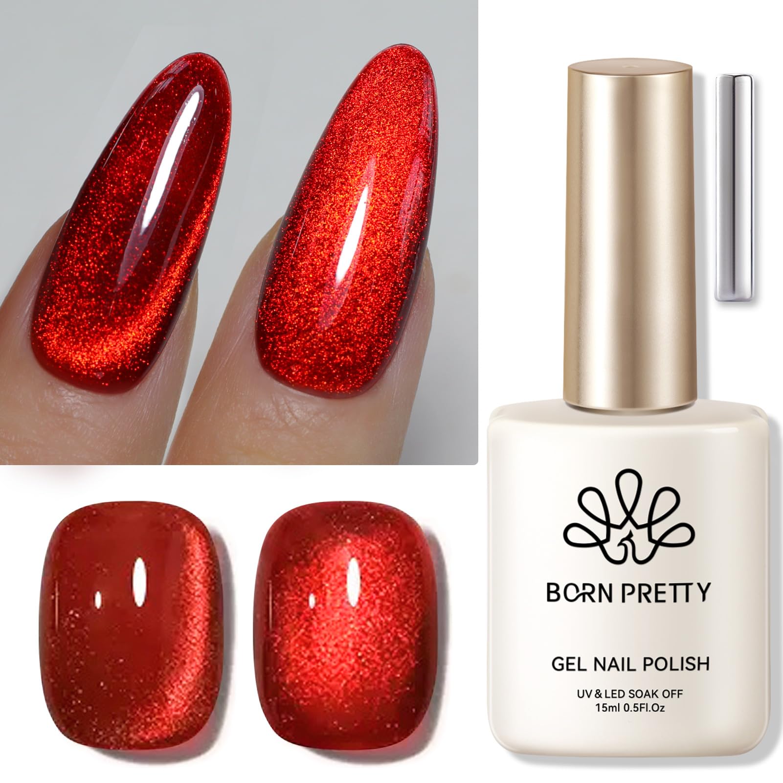 Born Pretty Magnetic Cat Eye Gel Nail Polish - Ruby Red Holographic Glitter Shiny Sparkle Crystal Nail Lacquer for Salon & DIY Home Manicure (15mL) | Perfect for Parties, Weddings & Special Occasions