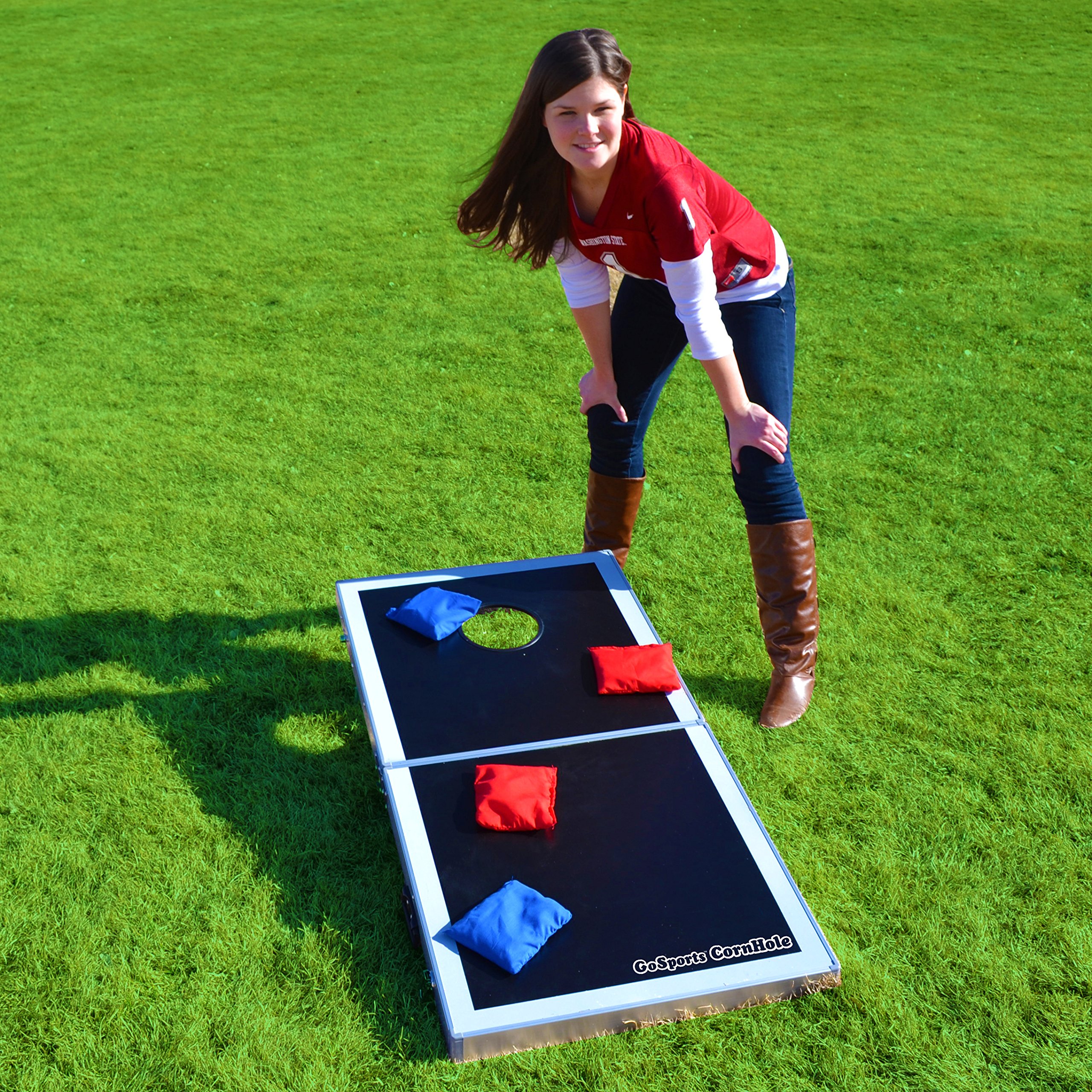 GoSports 4x2 ft Aluminum Cornhole Game Set with LED Lights or Standard - 2 Foldable Regulation Boards & 8 Bean Bags - Perfect for Backyard Parties, Tailgating, and Outdoor Events