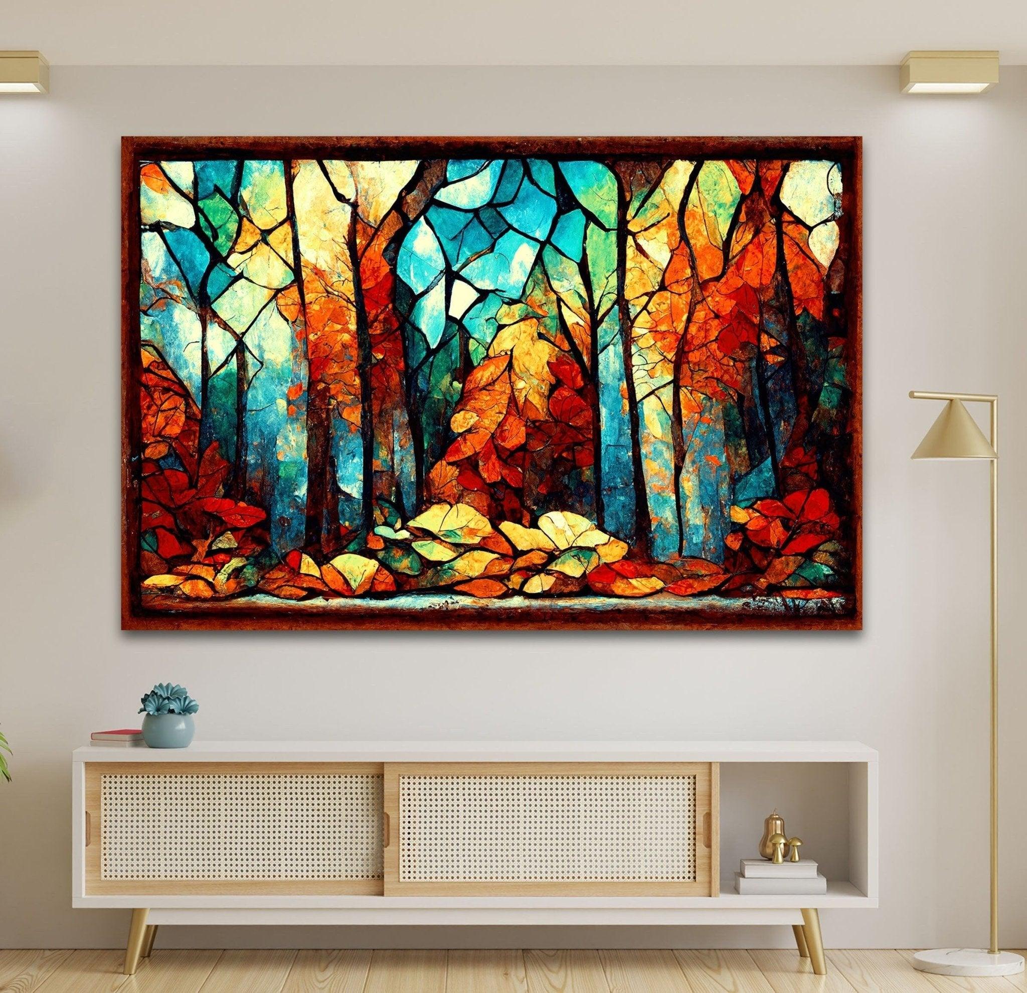 Autumn Forest Stained Glass Wall Art - Handmade Nature Inspired Window Hanging Decor for Living Room, Bedroom & Office - Perfect for Home Decor, Gifts & Meditation Spaces