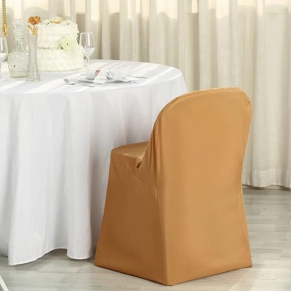 50 Pack Gold Polyester Folding Chair Covers - Elegant Wedding Reception Chair Slipcovers for Banquet, Party & Event Decorations - Waterproof & Wrinkle-Resistant