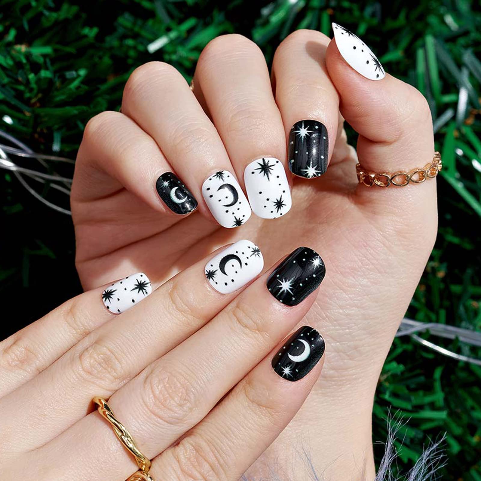 Gothic Black and White Press on Nails with Stars - 24Pcs Short Squoval Fake Nails, Reusable Glossy UV Gel Acrylic Nails for Women | Perfect for Halloween, Parties, and Everyday Manicure