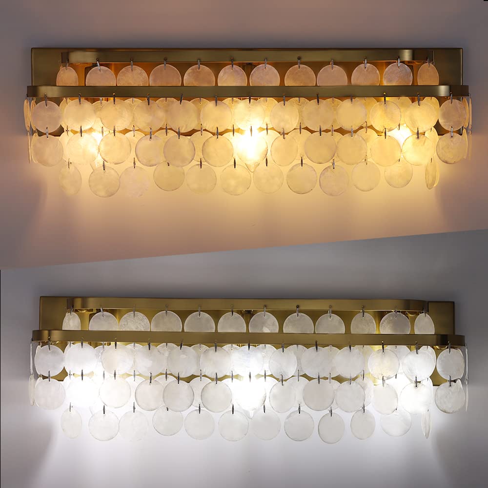 TOCHIC 3-Light Vanity Mirror Light with Natural Capiz Shell Shade, Brushed Gold Dimmable Bathroom Lighting Fixture - Modern Wall Sconce for Makeup Vanity, Powder Room, Bedroom & Living Room (23 Inch Wide) | Perfect for Soft Ambient Lighting & Elegant Home Decor